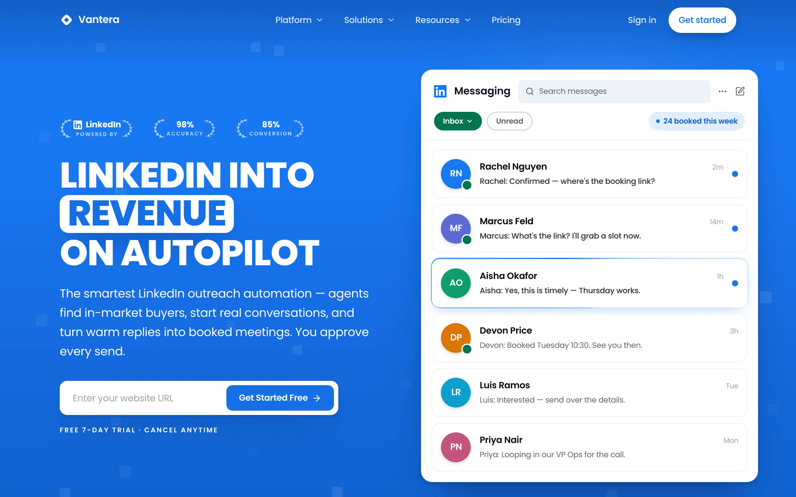 Screenshot of #1 LinkedIn Lead Gen — Adaptive Prospecting | Vantera