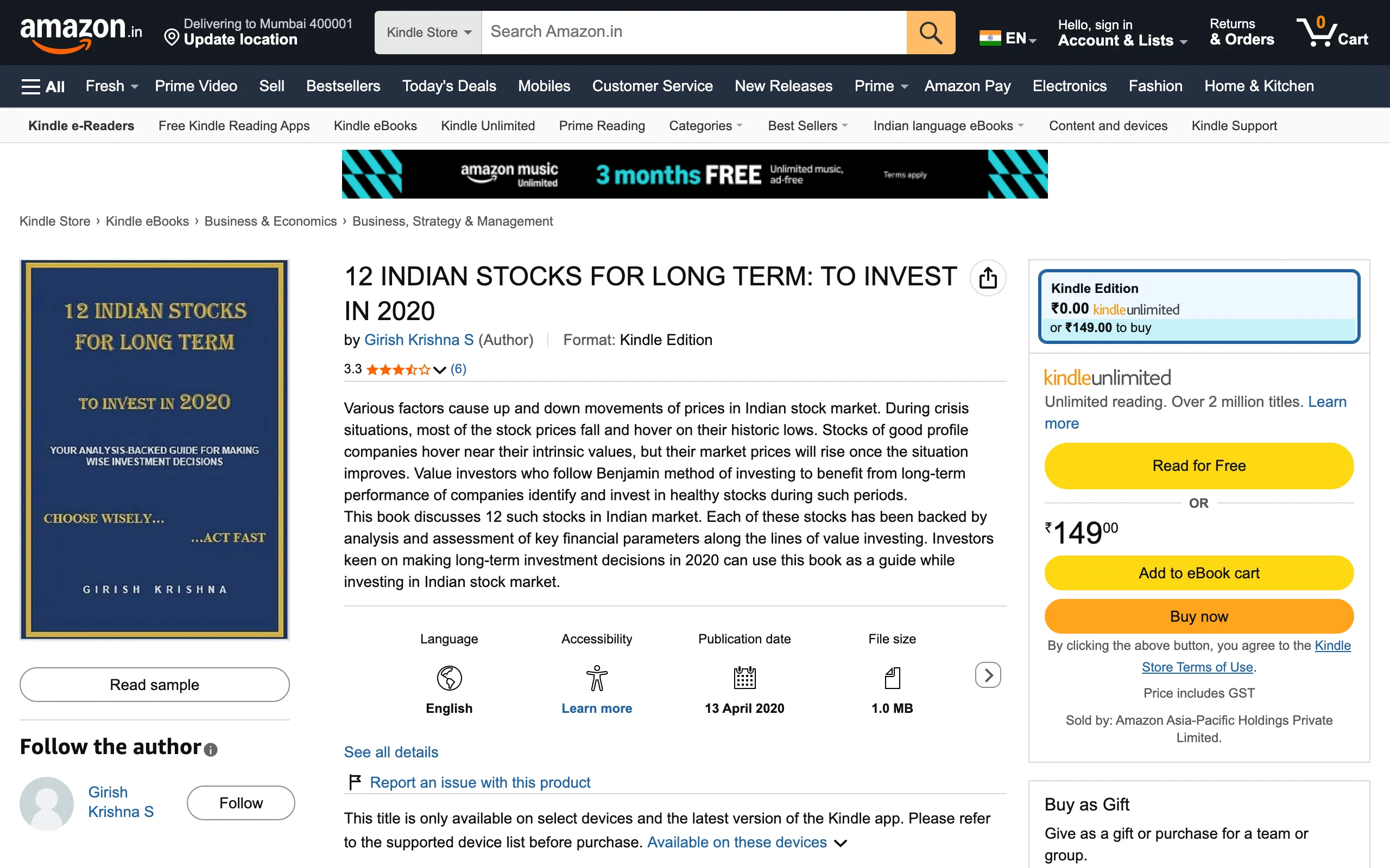 Screenshot of 12 INDIAN STOCKS FOR LONG TERM: TO INVEST IN 2020 eBook : S, Girish Krishna: Amazon.in: Kindle Store