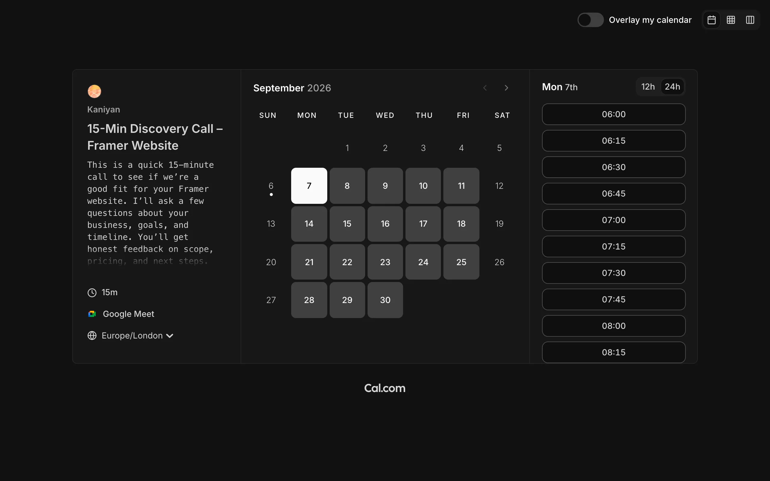 Screenshot of 15-Min Discovery Call – Framer Website | Kaniyan | Cal.com