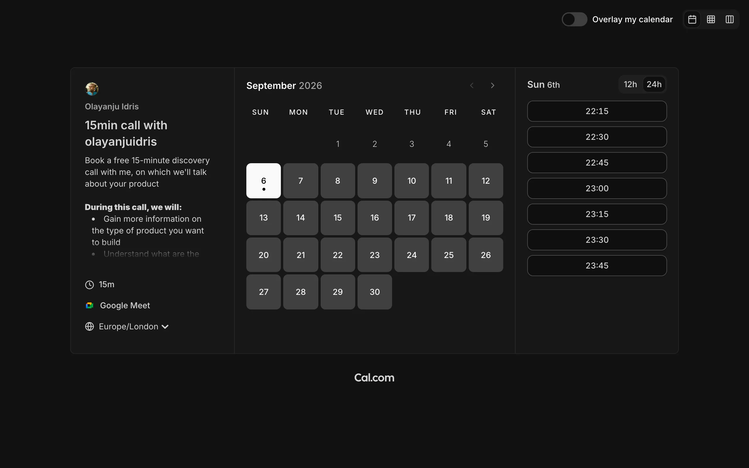 Screenshot of 15min call with olayanjuidris | Olayanju Idris | Cal.com