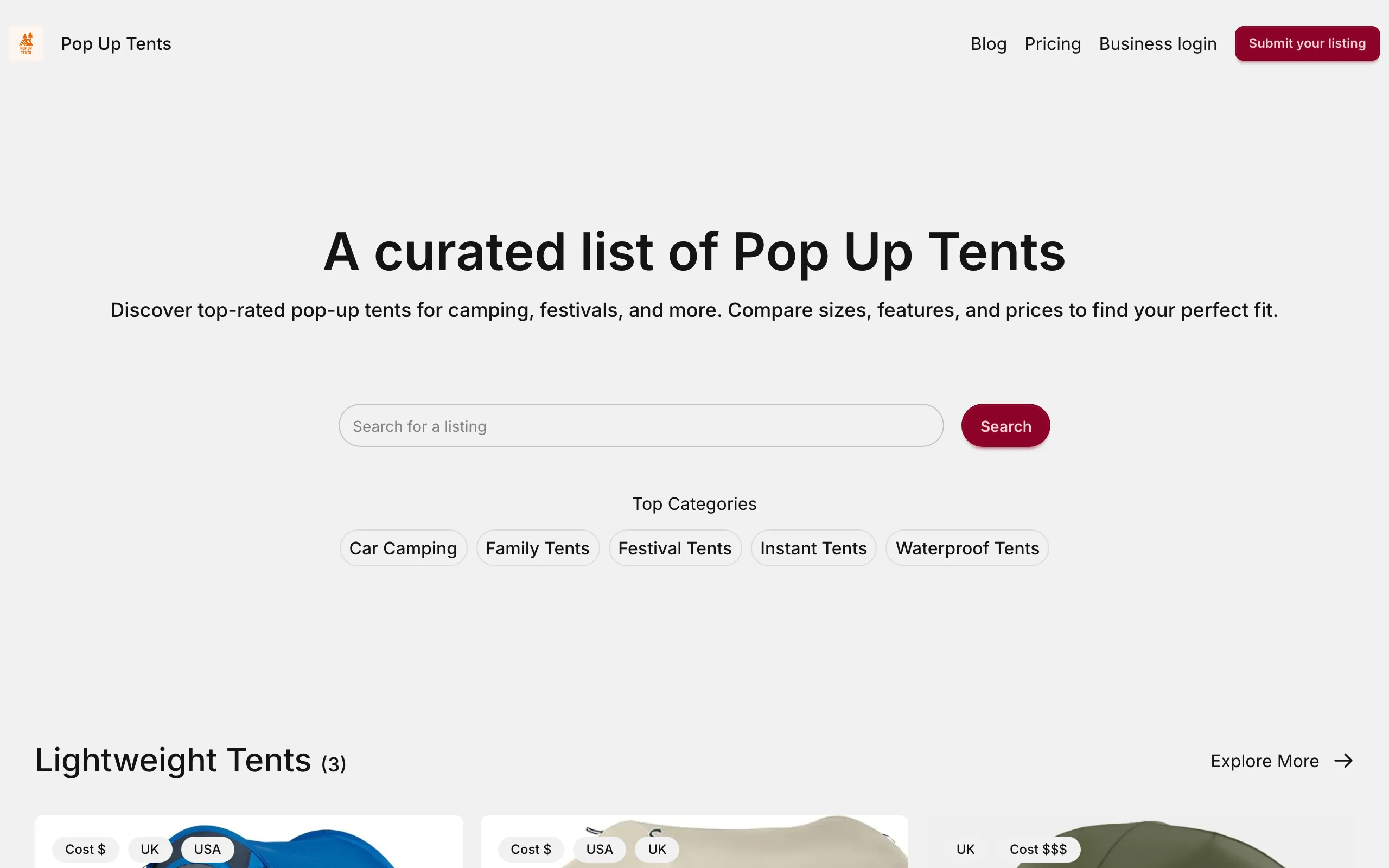 Screenshot of A curated list of Pop Up Tents