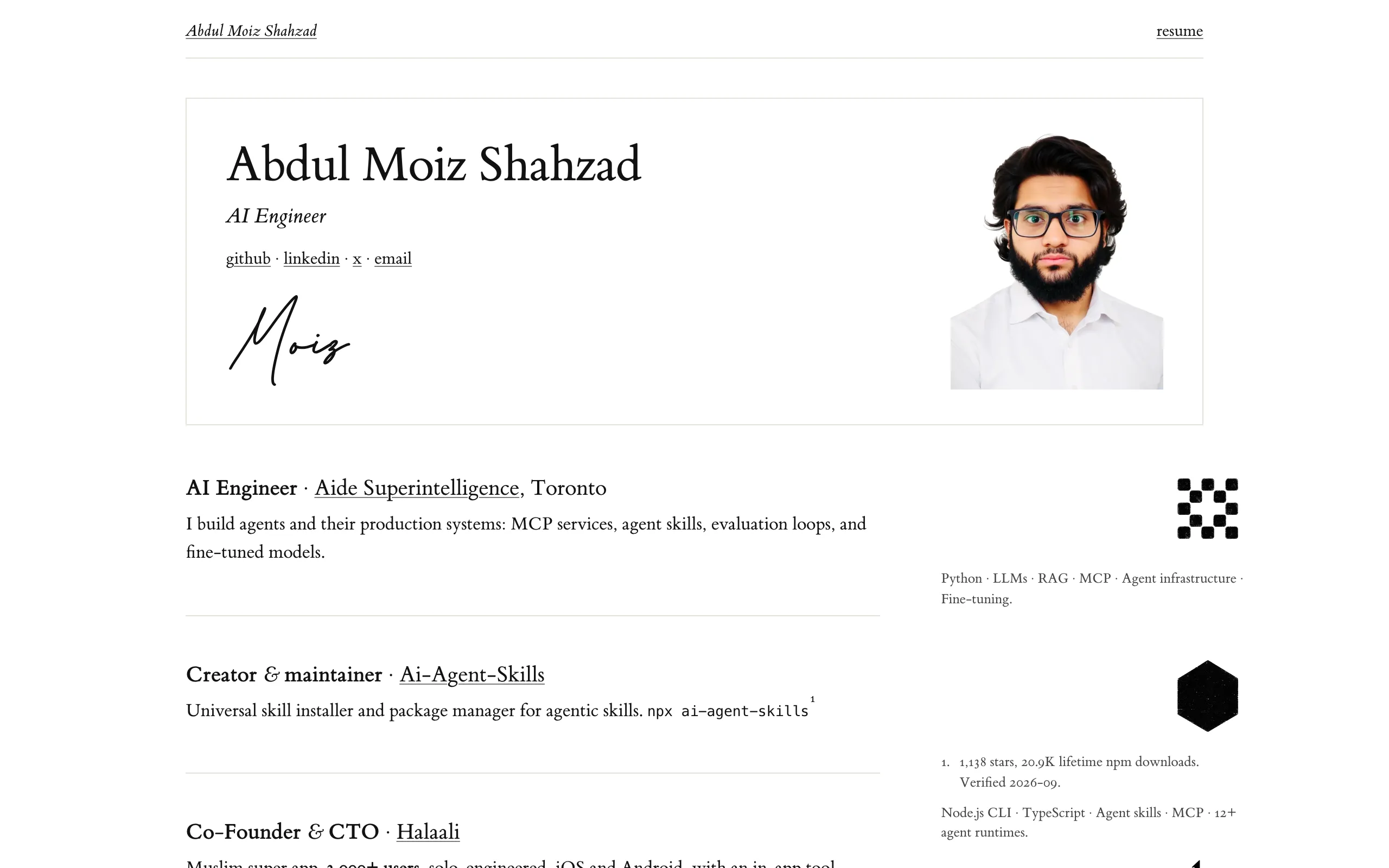 Screenshot of Abdul Moiz Shahzad · AI Engineer · Toronto