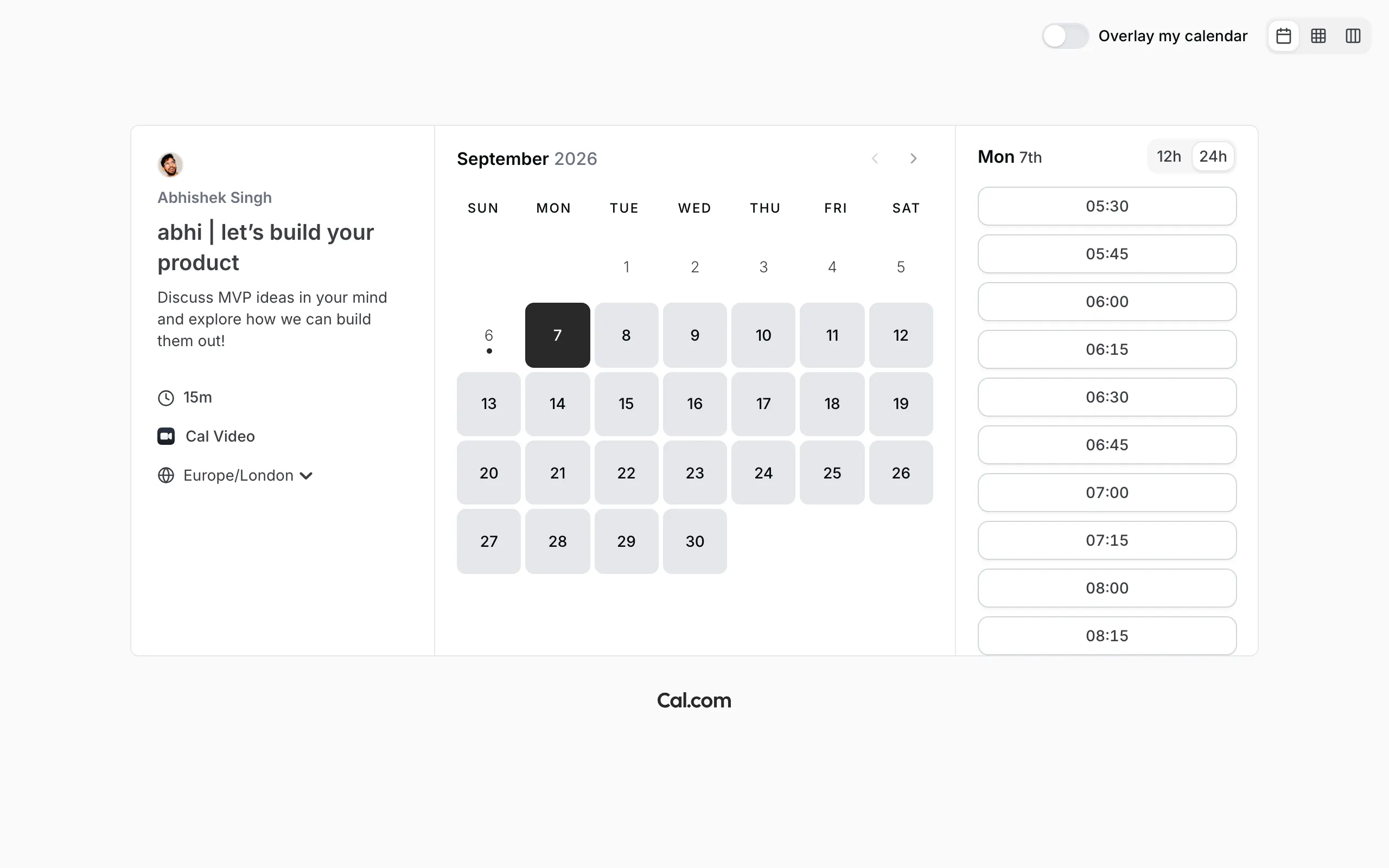 Screenshot of abhi | let’s build your product | Abhishek Singh | Cal.com