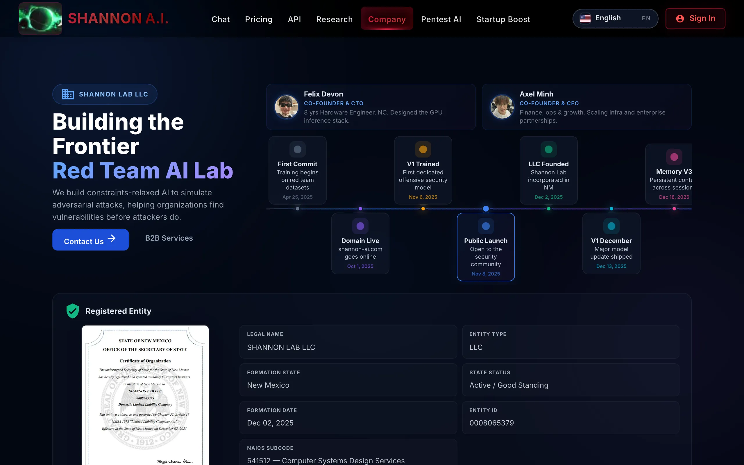 Screenshot of About Shannon AI - Company Information
