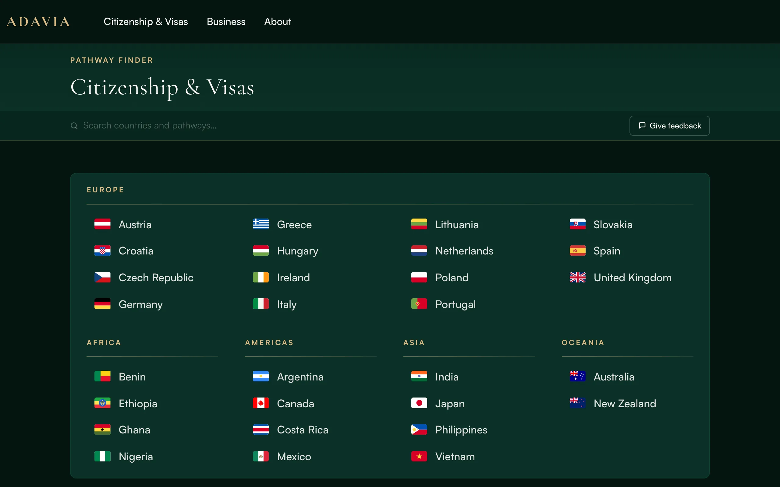 Screenshot of Adavia | Citizenship &amp; Visas