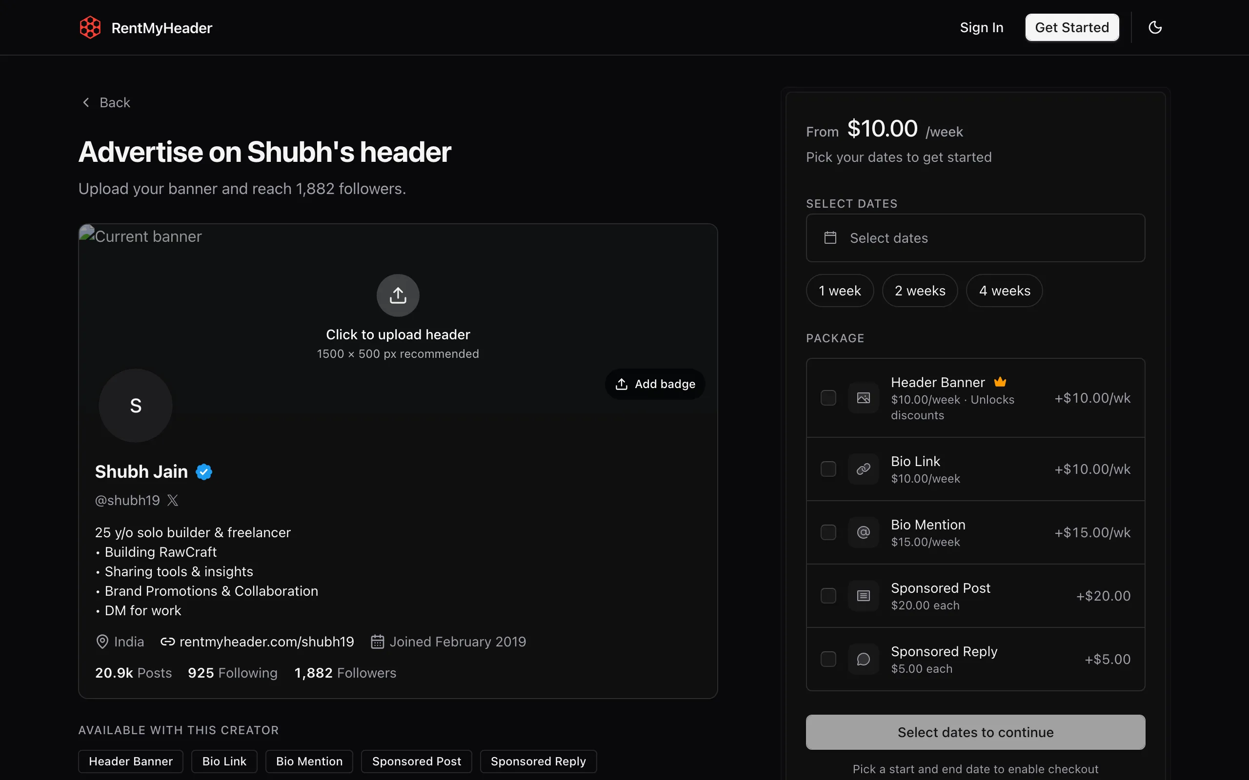 Screenshot of Advertise on Shubh Jain's header (@shubh19)