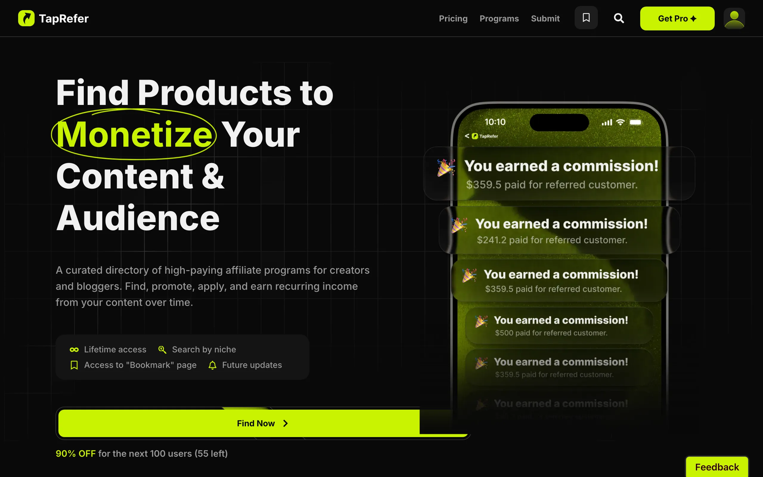 Screenshot of Affiliate Programs Directory – High-Paying Programs For Creators | TapRefer