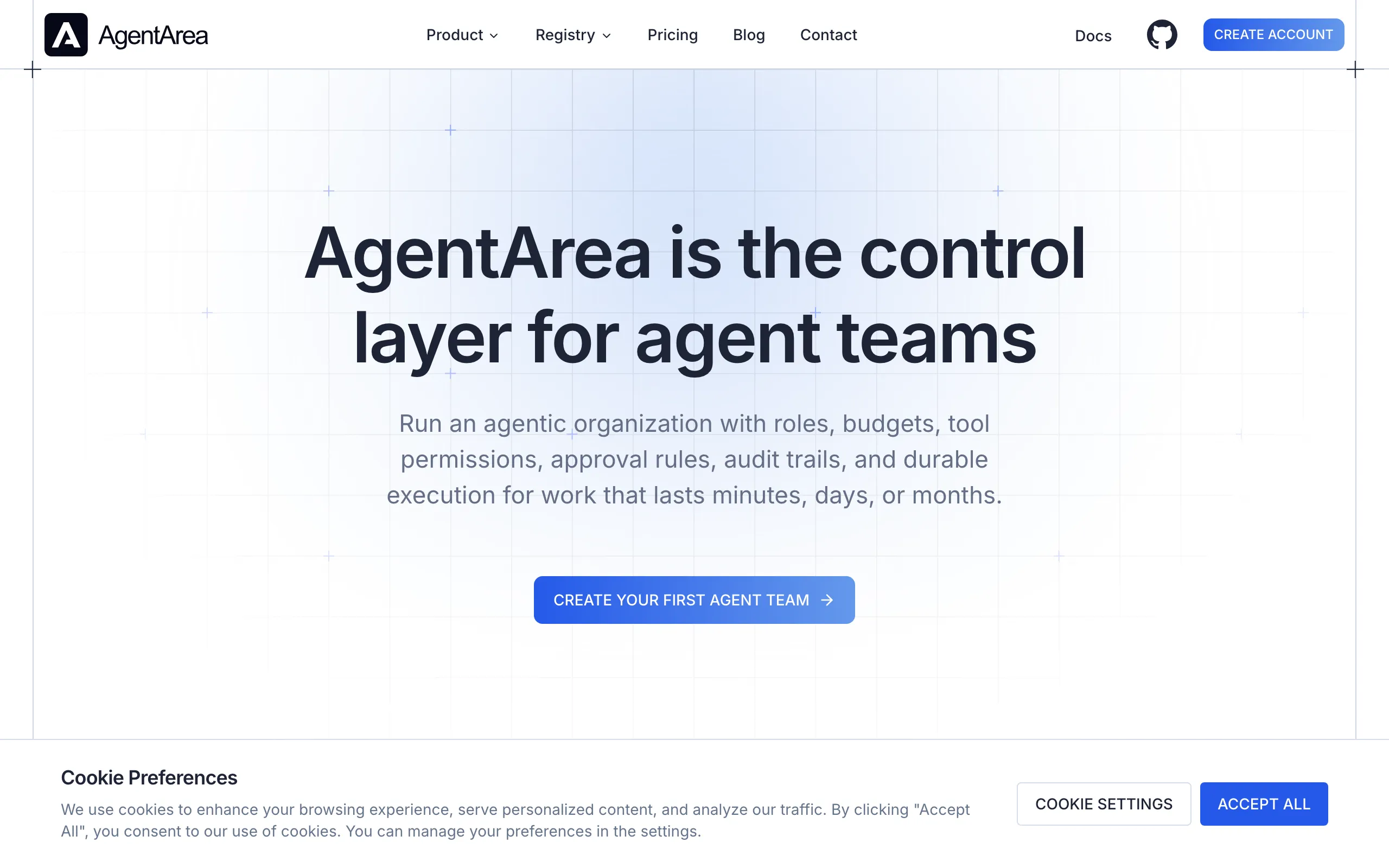 Screenshot of AgentArea — Control layer for agent teams