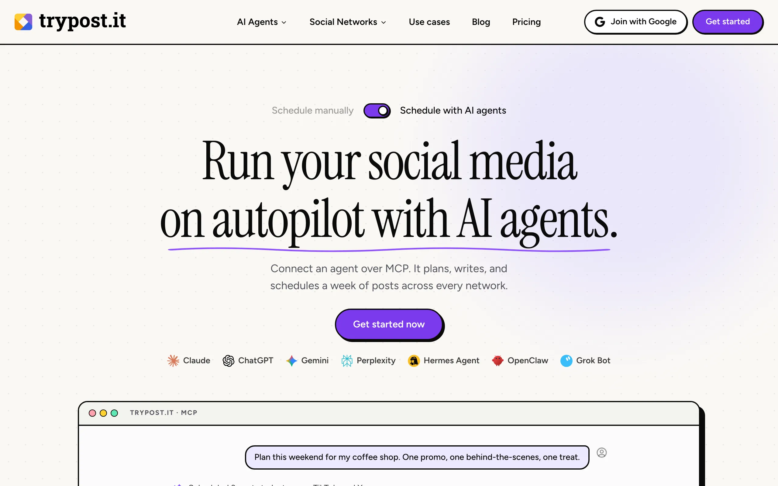 Screenshot of Agentic Social Media Scheduling Tool — TryPost
