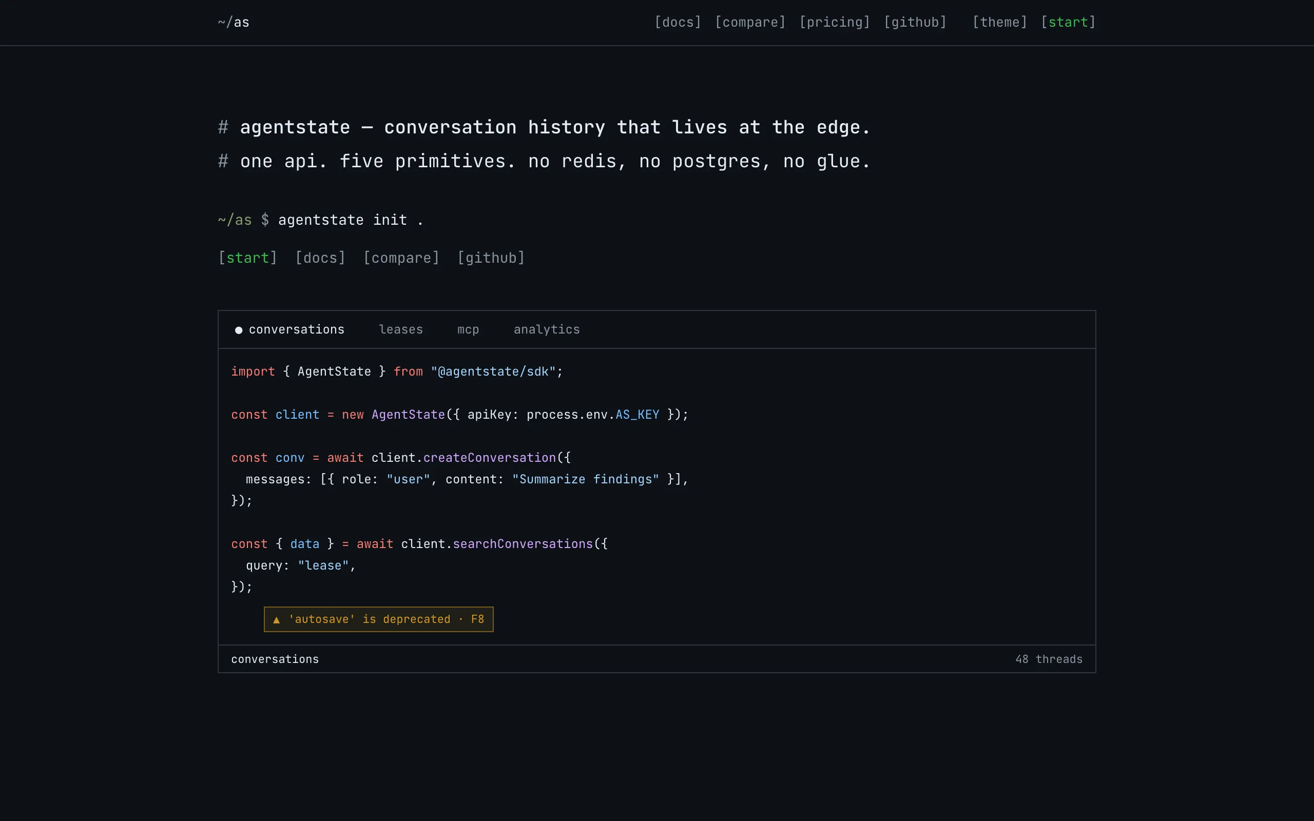 Screenshot of AgentState — Conversation history database for AI agent fleets