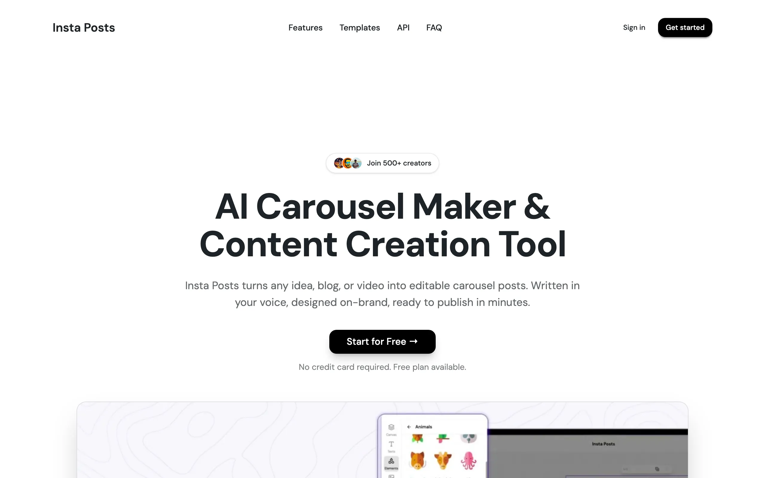 Screenshot of AI Carousel Generator for LinkedIn &amp; Instagram | Insta Posts