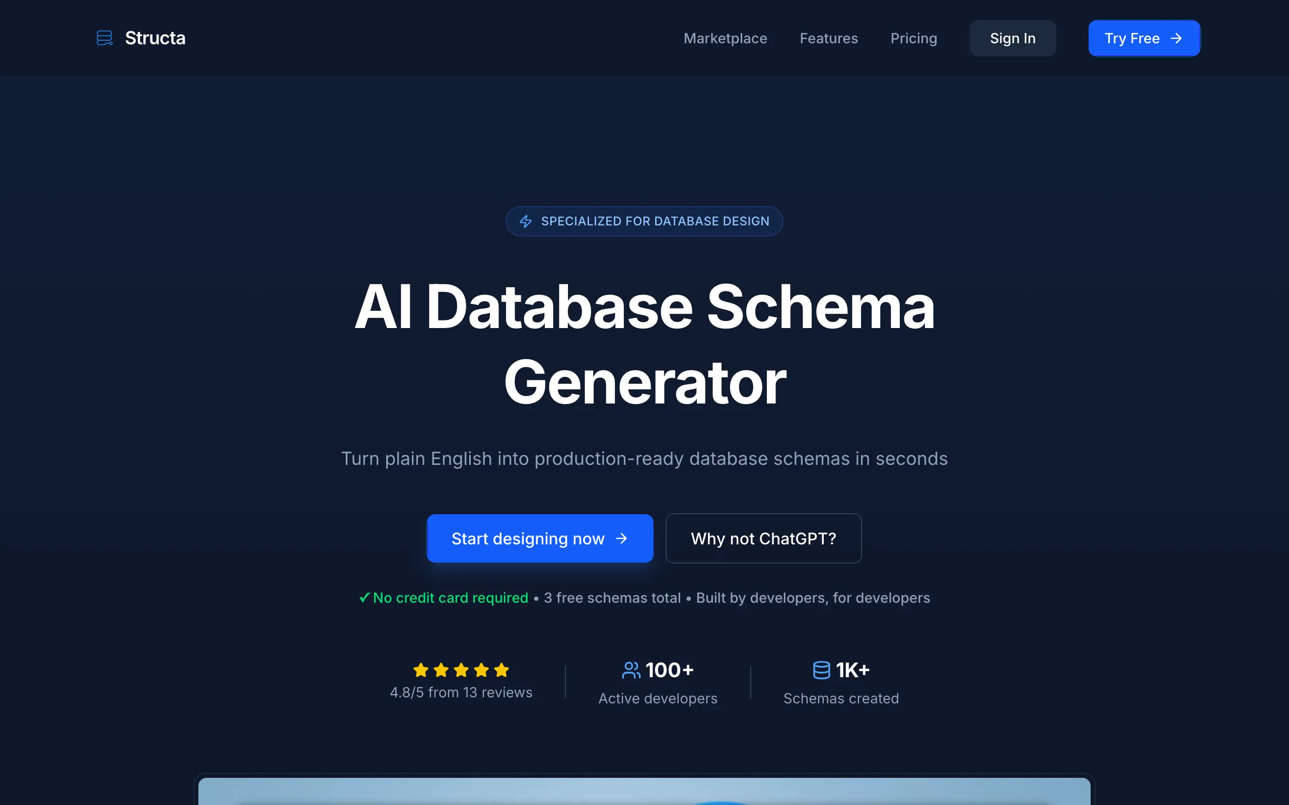 Screenshot of AI Database Schema Generator (SQL, Prisma, ERD) | Structa