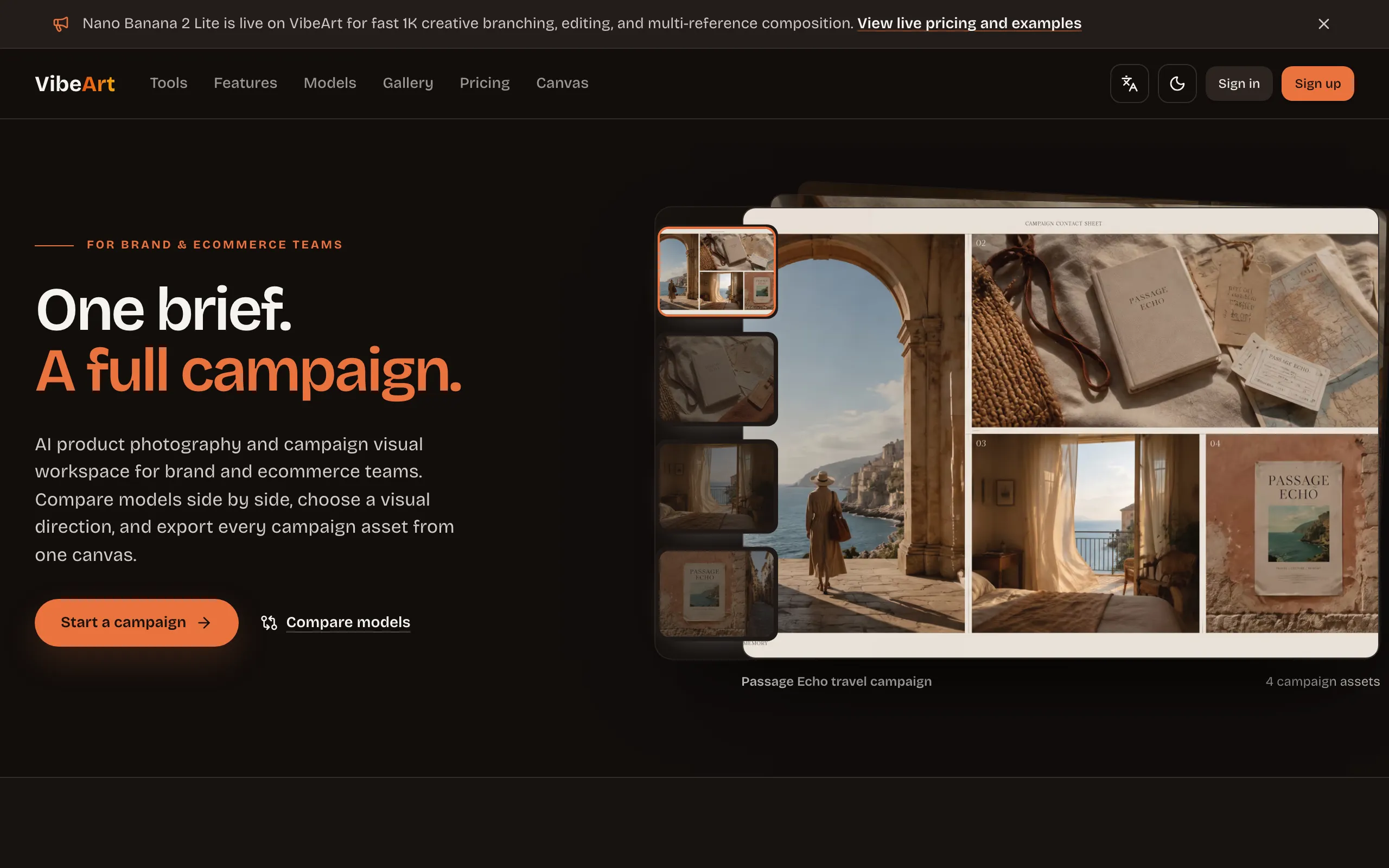 Screenshot of AI Product Photography &amp; Campaign Visual Workspace | VibeArt