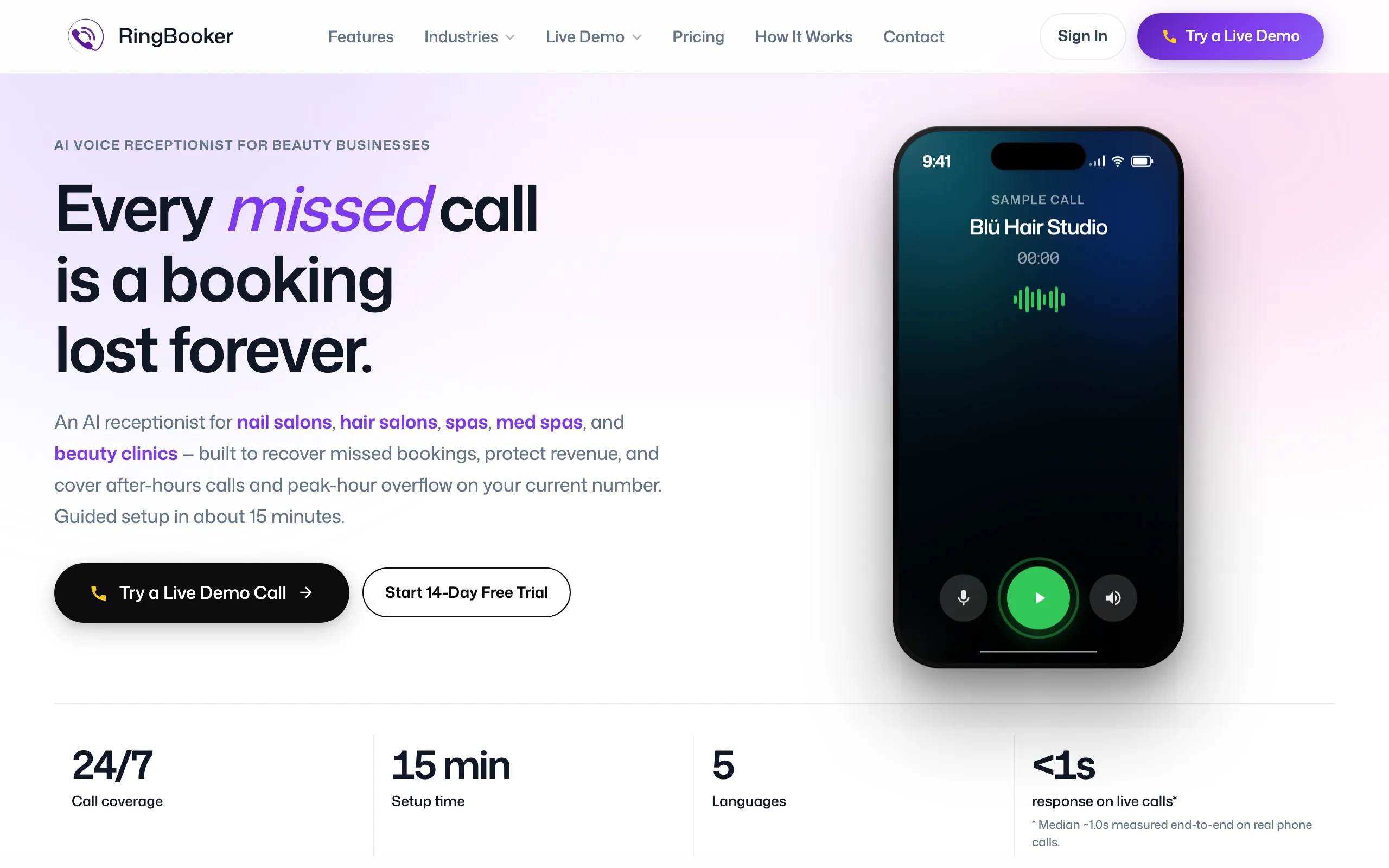 Screenshot of AI Receptionist &amp; Answering Service for Salons | RingBooker