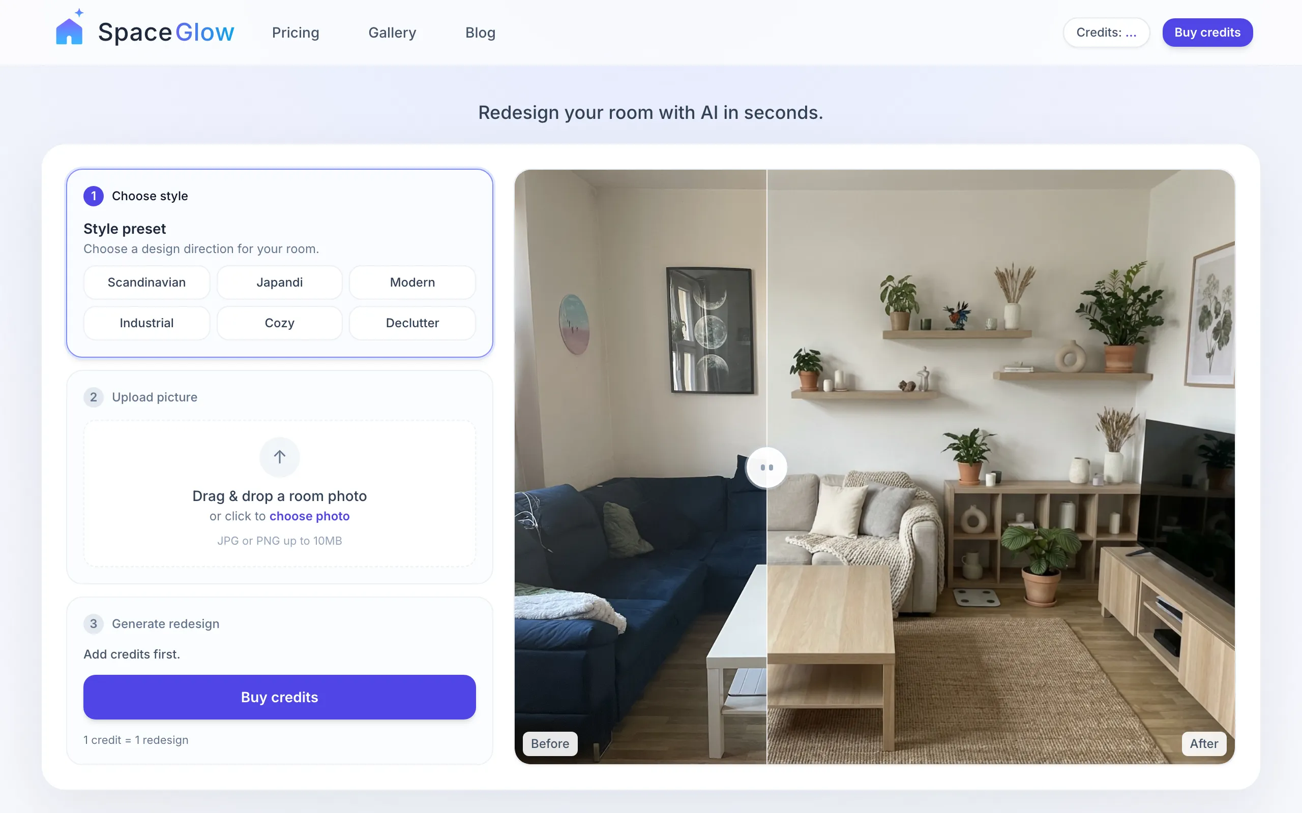 Screenshot of AI Room Redesign — Redesign Your Room With AI | SpaceGlow