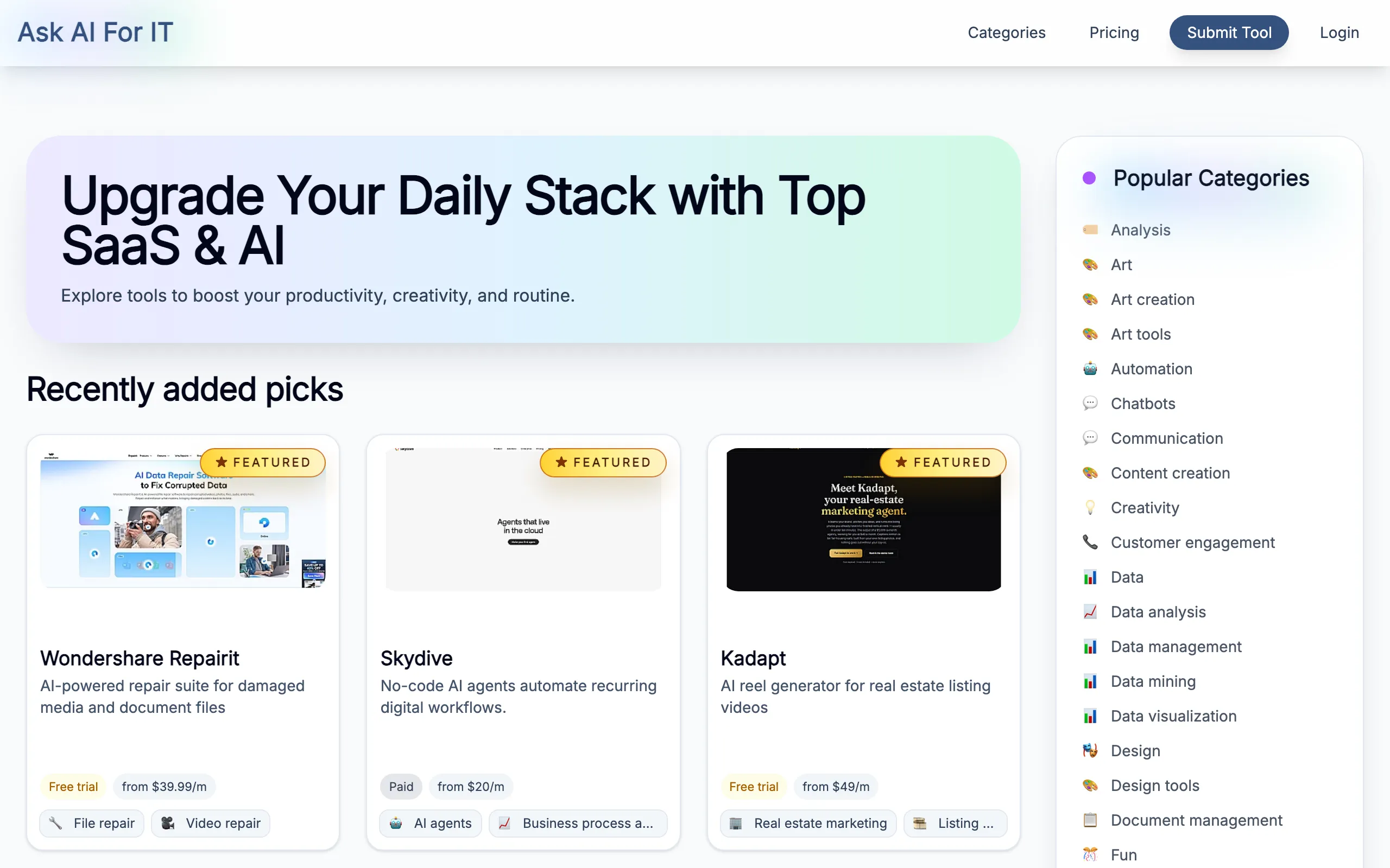 Screenshot of AI Tools Directory to Boost Productivity at Work and in Everyday Life - Ask AI For It