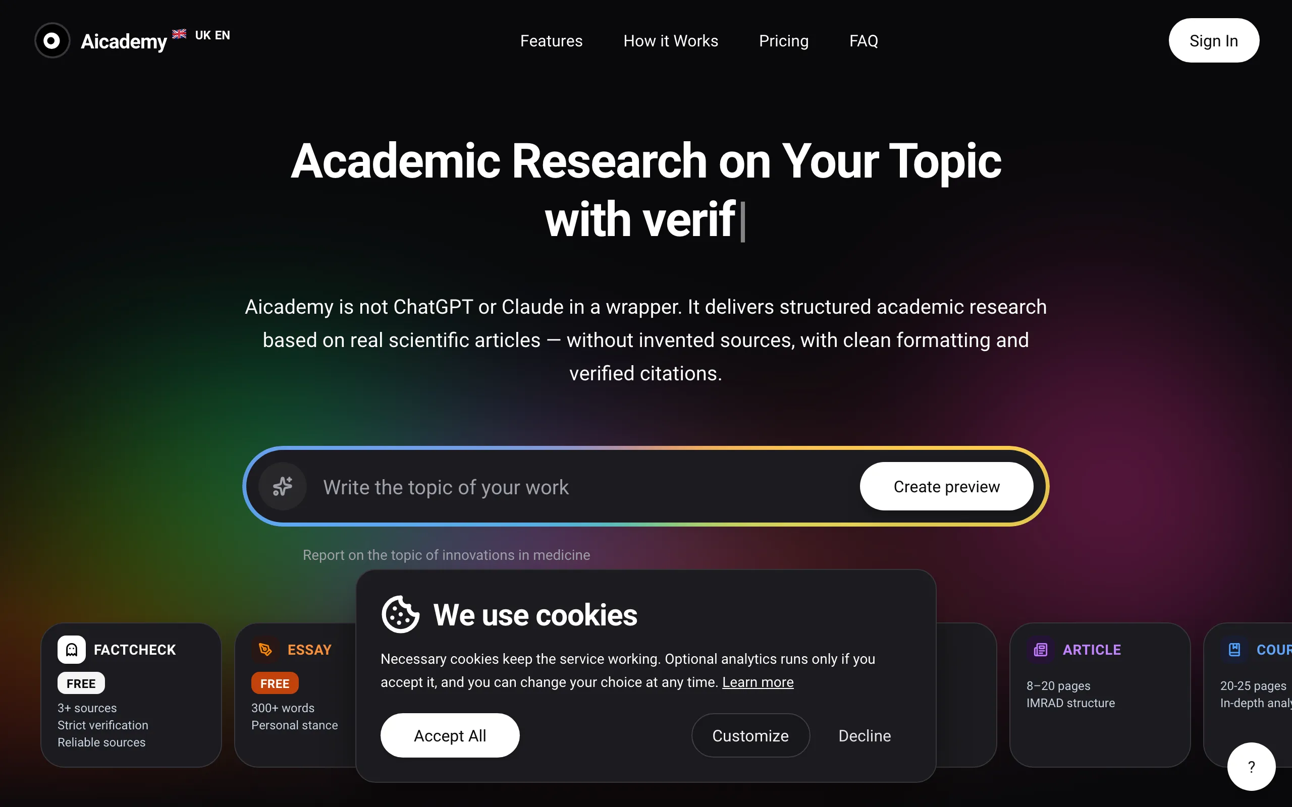 Screenshot of Aicademy: AI for Academic Works with Verified Sources