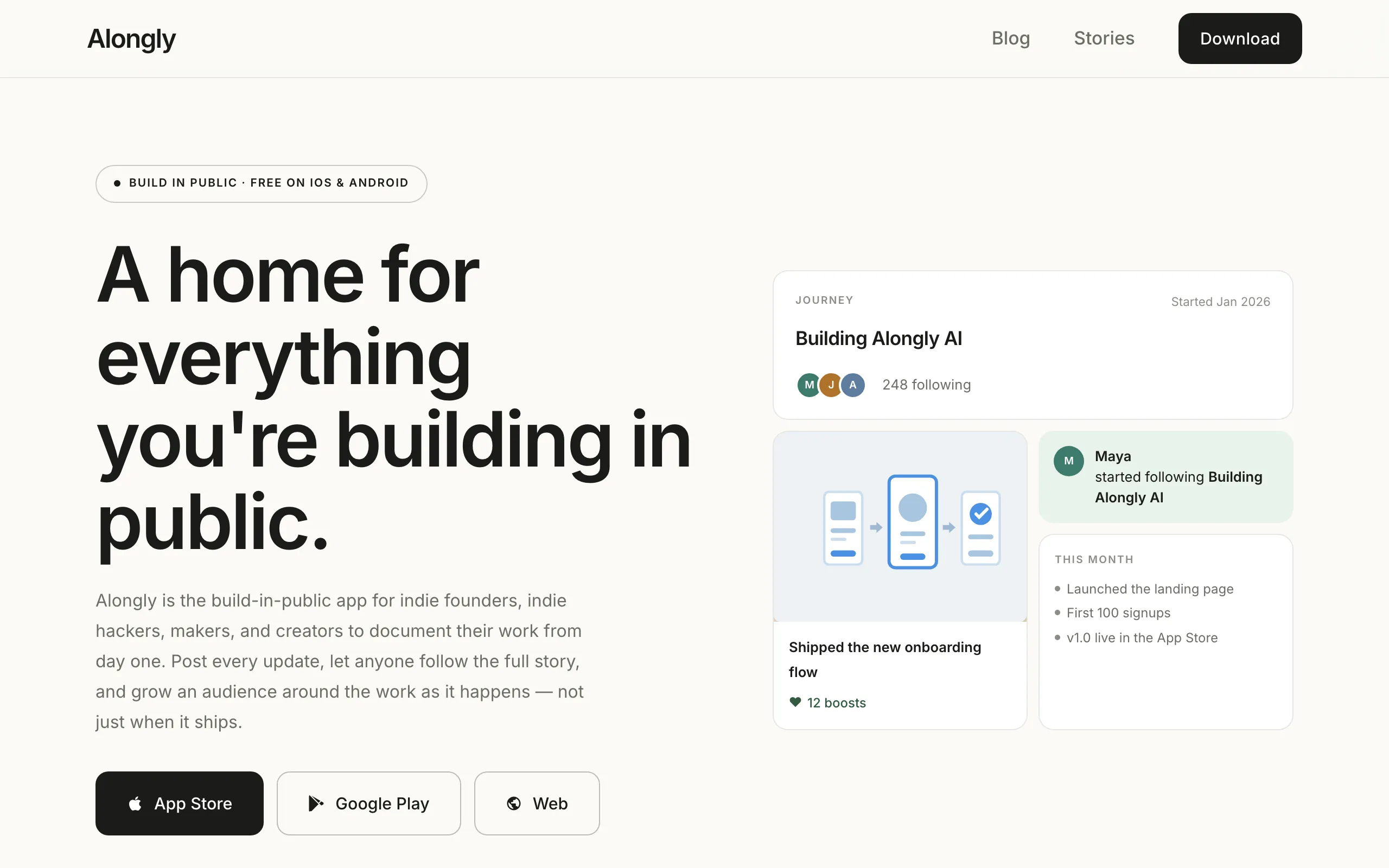 Screenshot of Alongly — The Build in Public App for Indie Founders & Makers