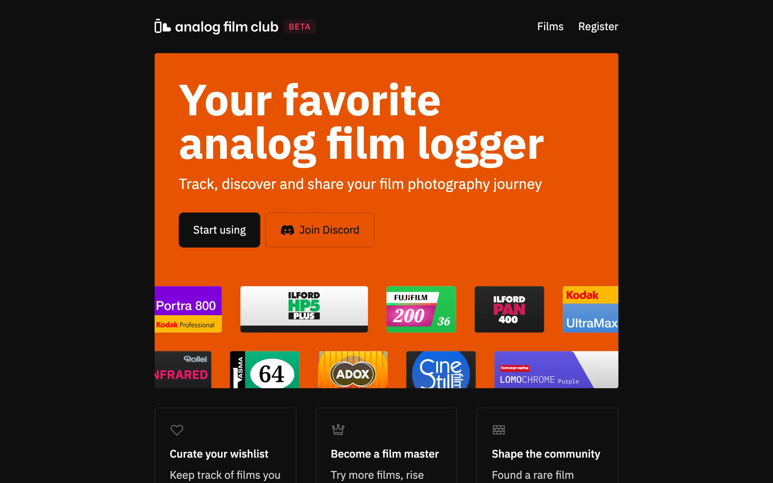 Screenshot of Analog Film Club — Your favorite analog film logger