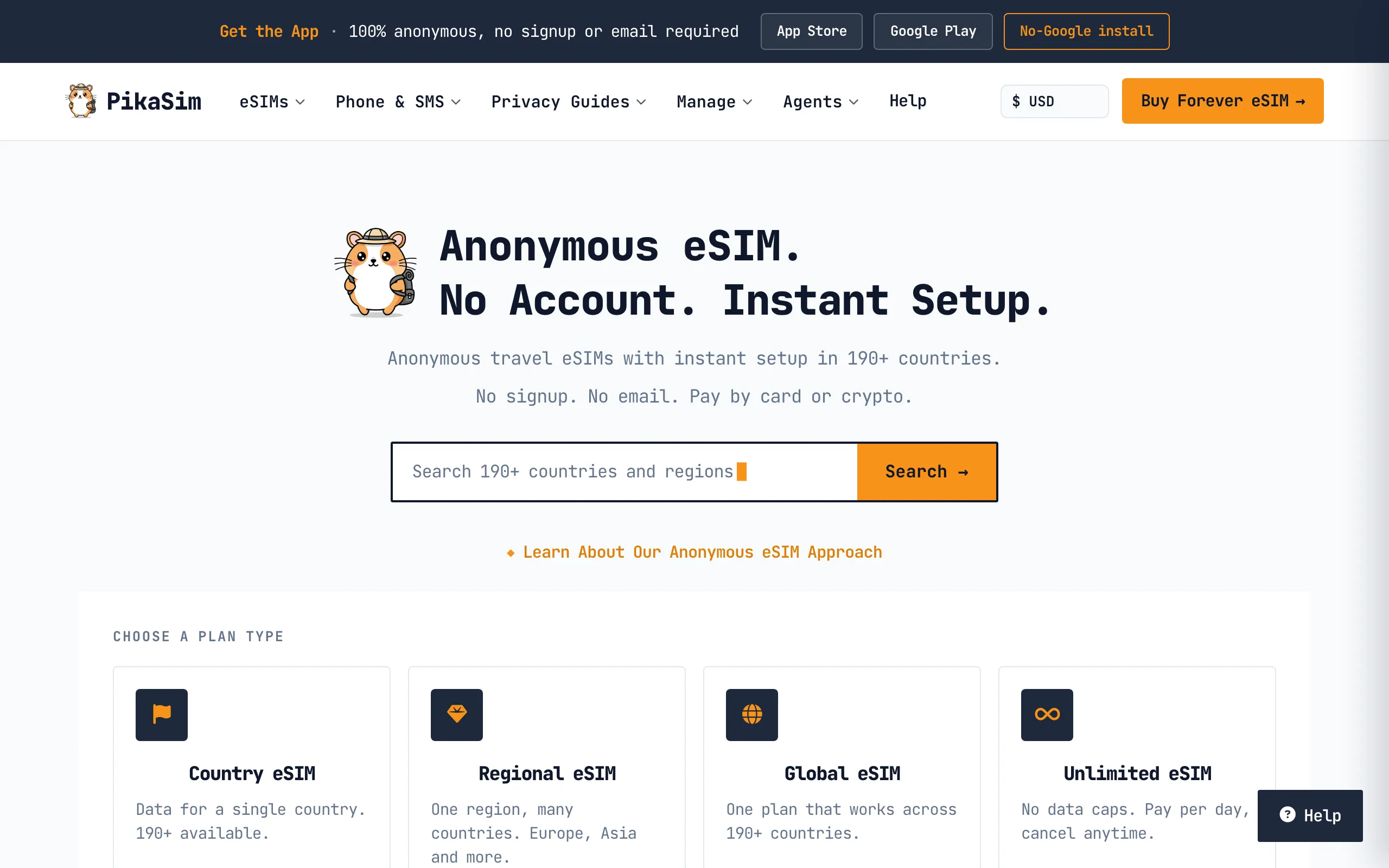 Screenshot of Anonymous eSIM for Travel | No Account or Email Required - PikaSim