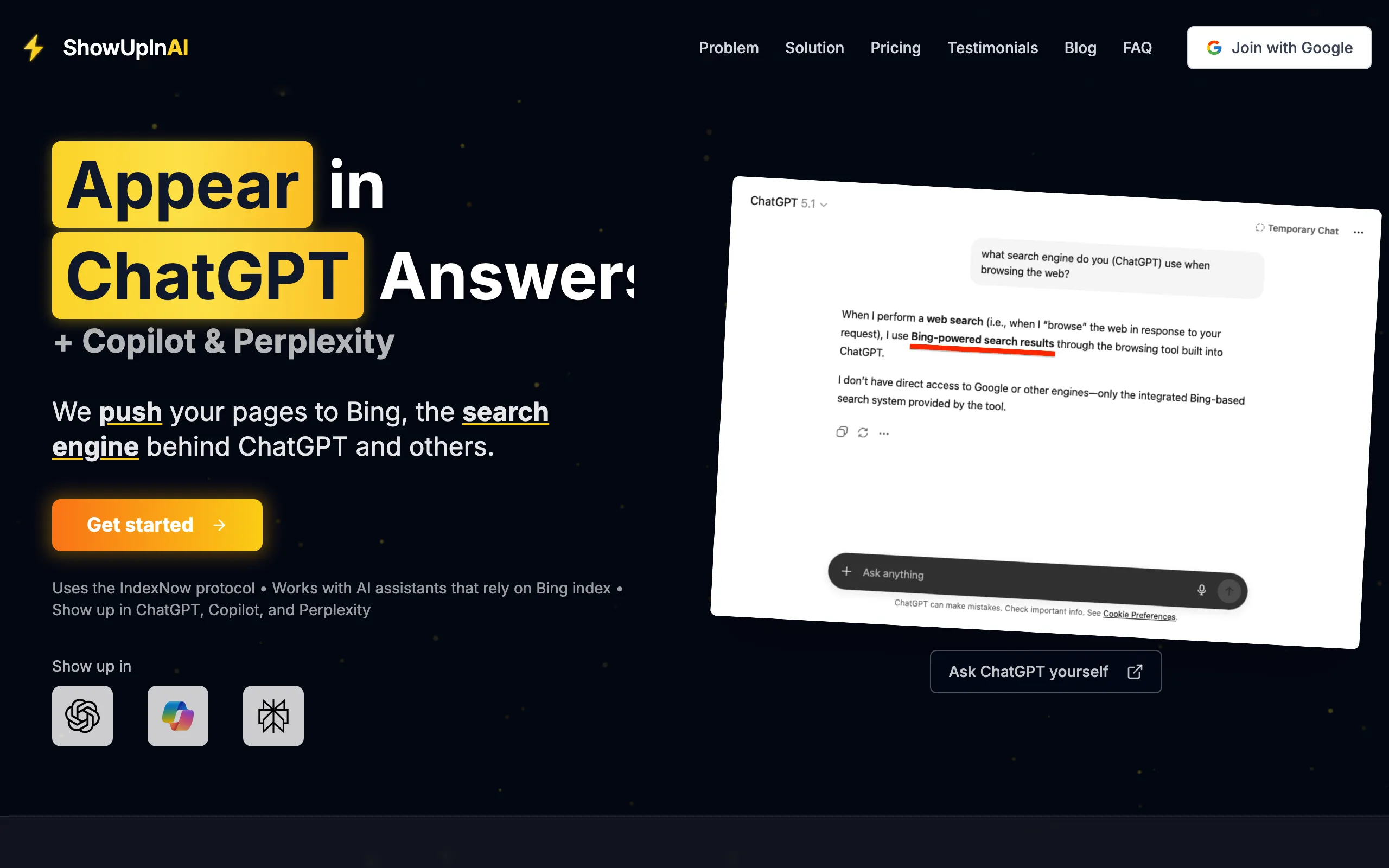 Screenshot of Appear in ChatGPT Answers - AI SEO Tool for ChatGPT, Copilot &amp; Perplexity