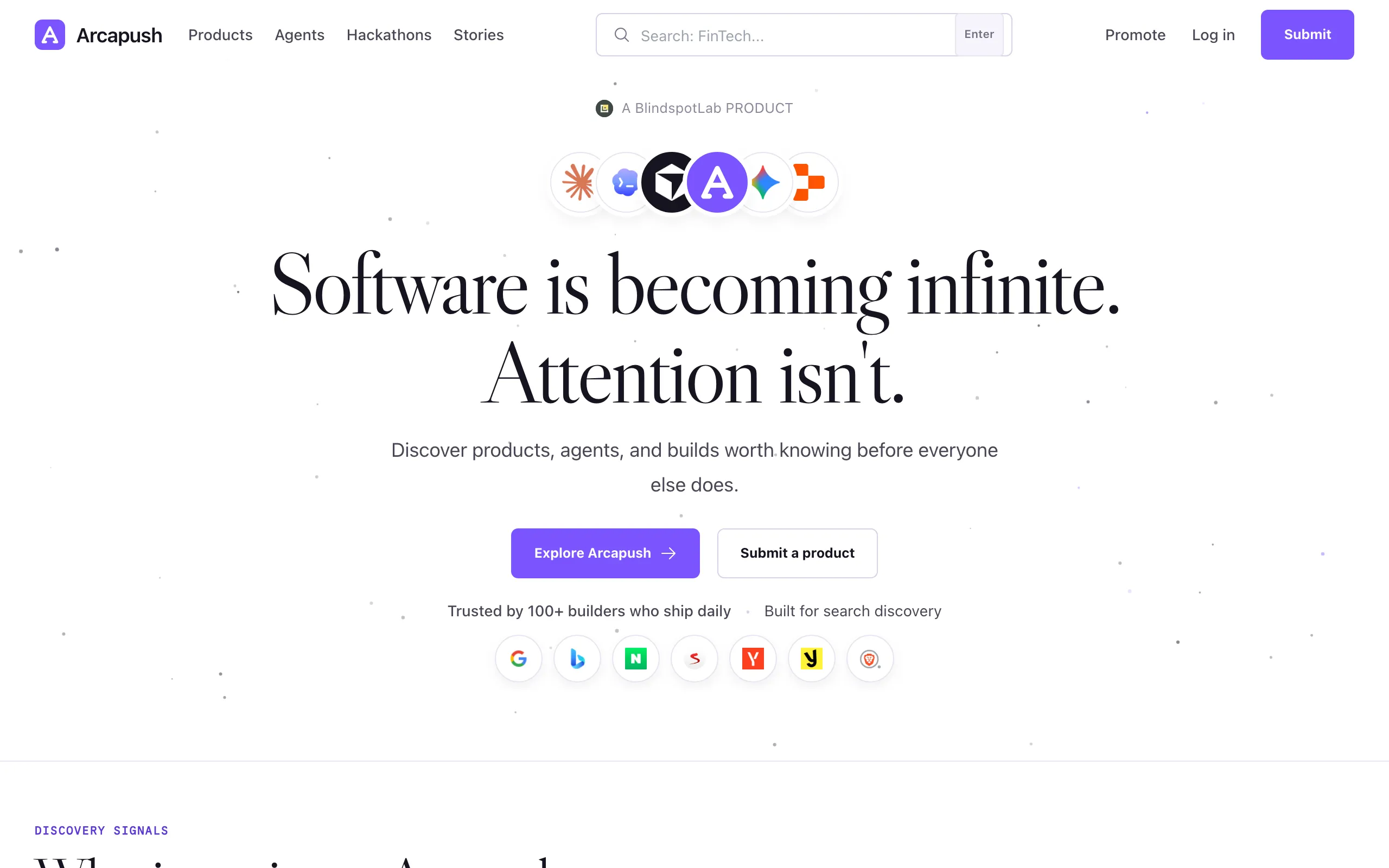 Screenshot of Arcapush · Software is becoming infinite. Attention is not.