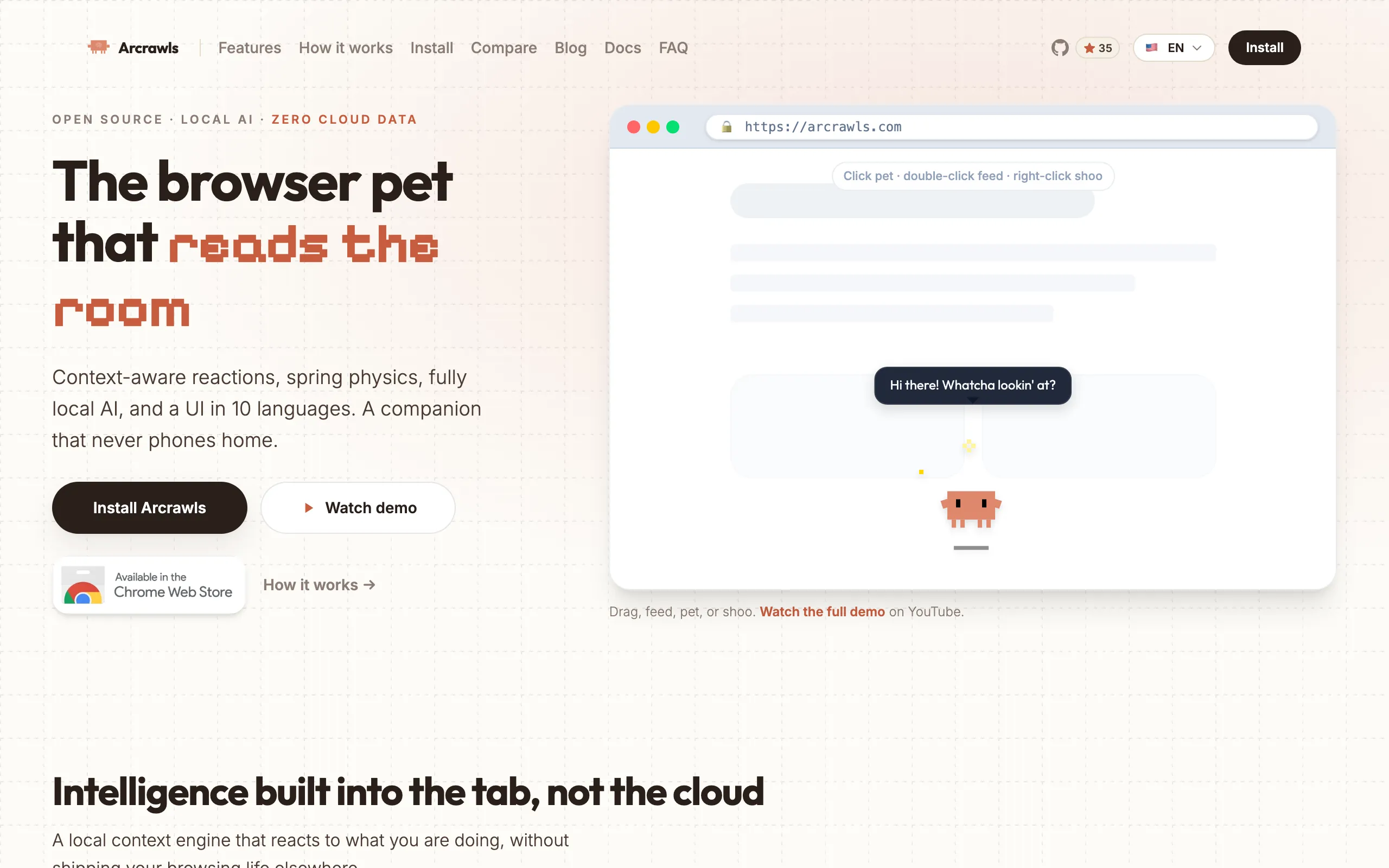 Screenshot of Arcrawls – Context-Aware AI Browser Pet | Local AI · 10 Languages