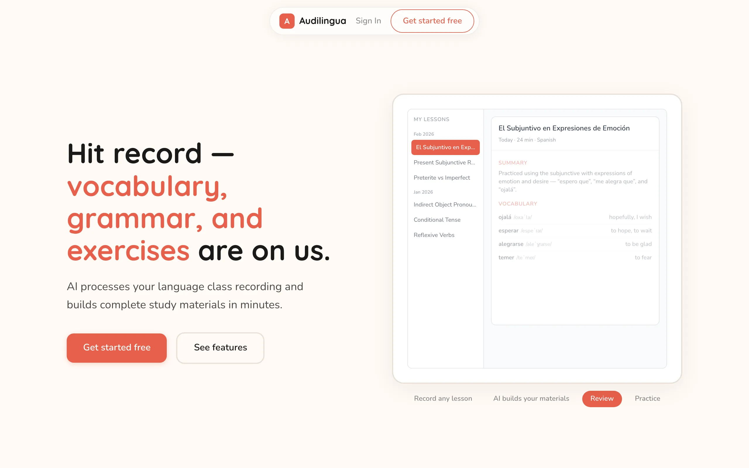 Screenshot of Audilingua — Hit Record, Vocabulary and Exercises Are on Us