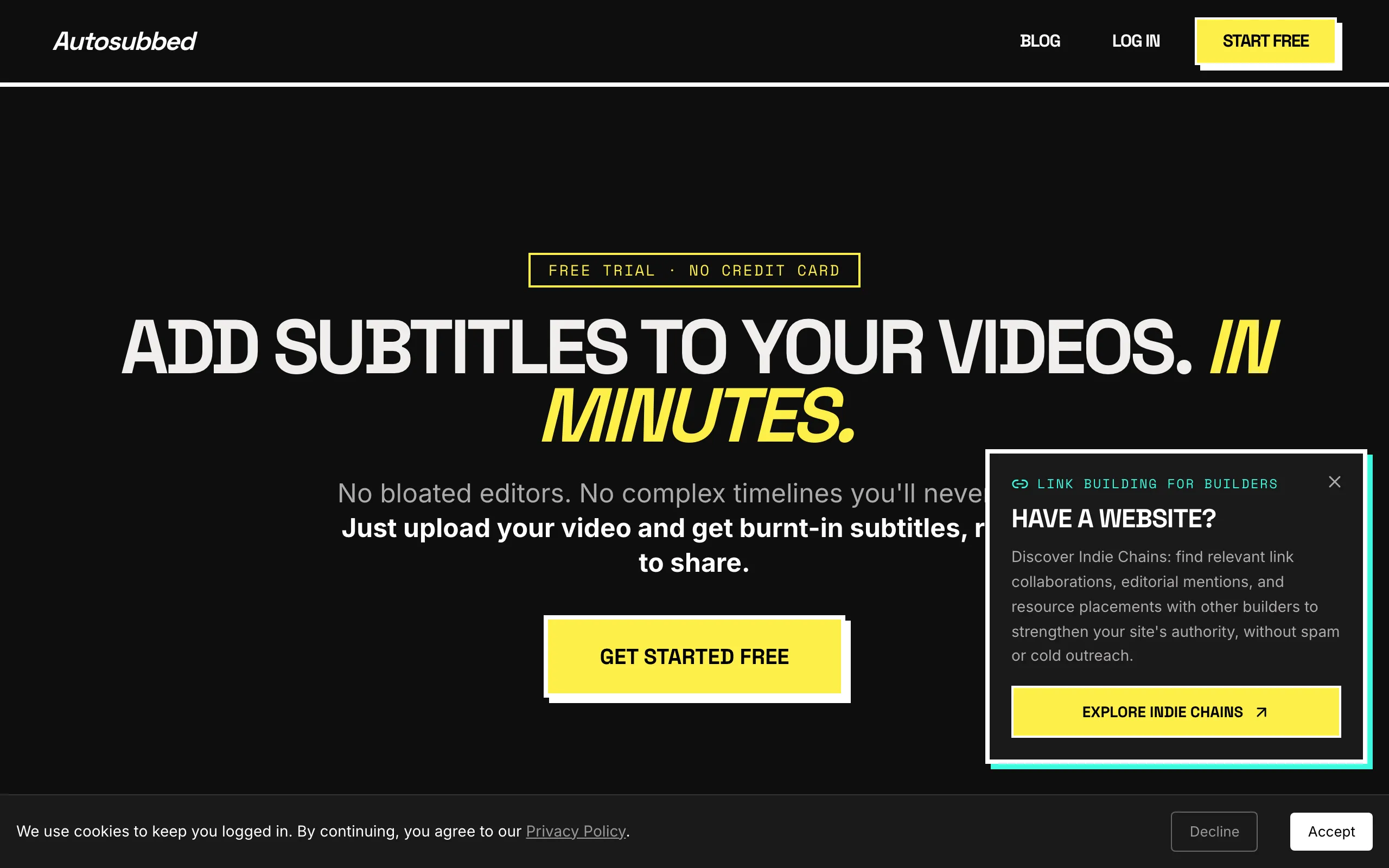 Screenshot of Autosubbed — Burn AI Subtitles Into Your Videos Online