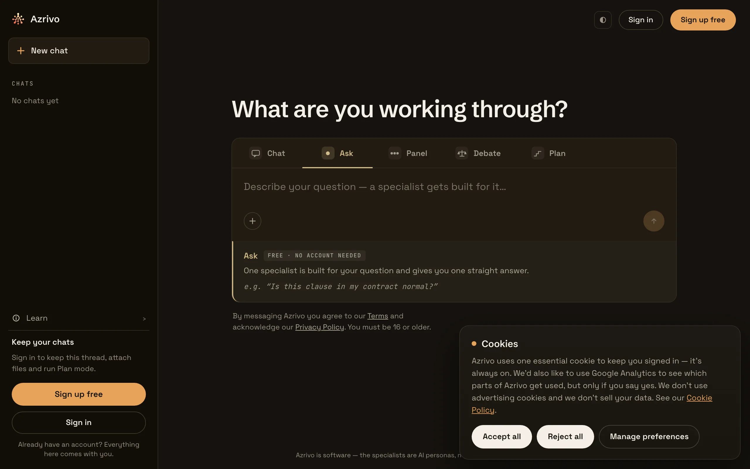 Screenshot of Azrivo — a whole team of AI specialists for any decision