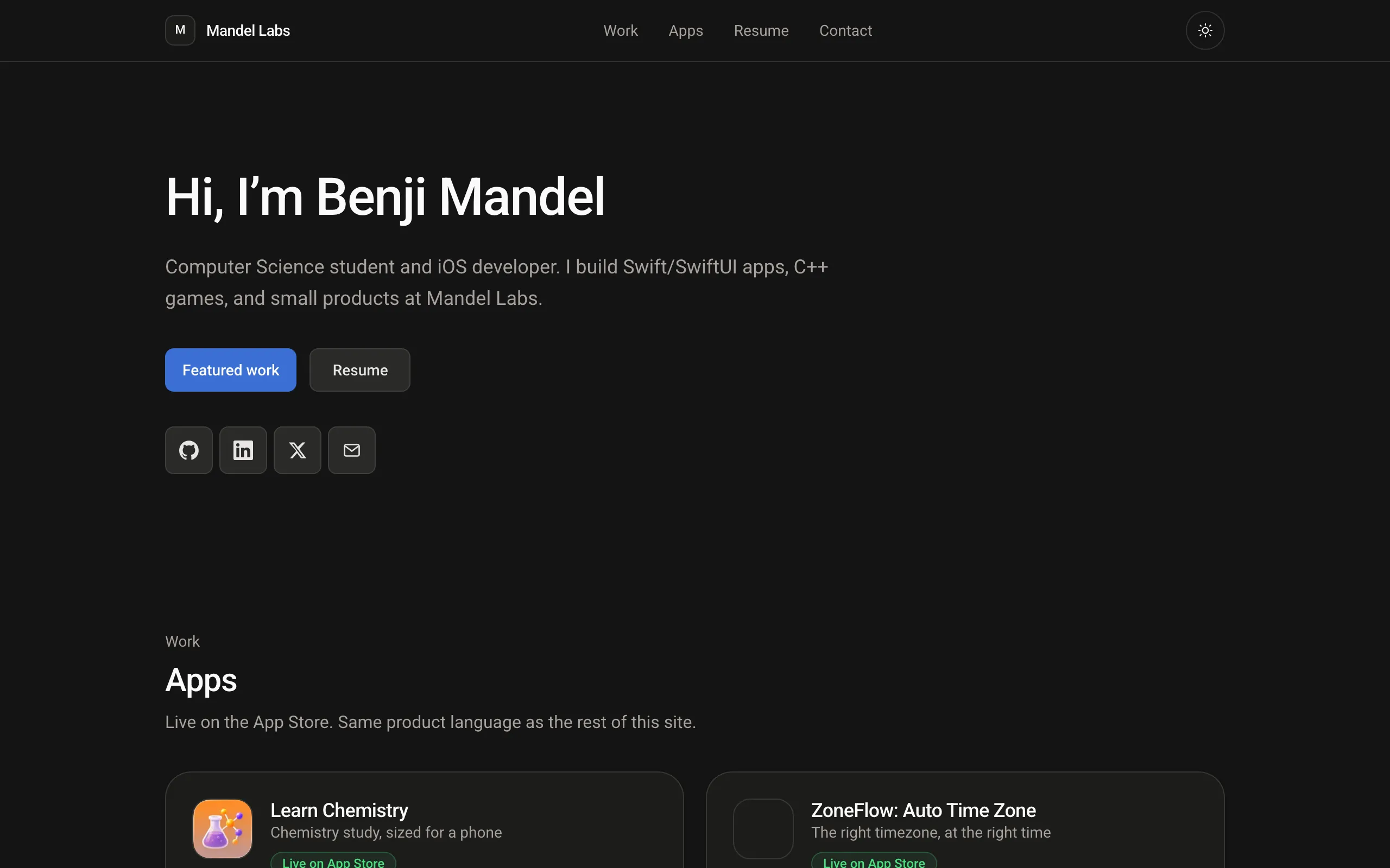 Screenshot of Benji Mandel | iOS Developer &amp; CS Student | Mandel Labs