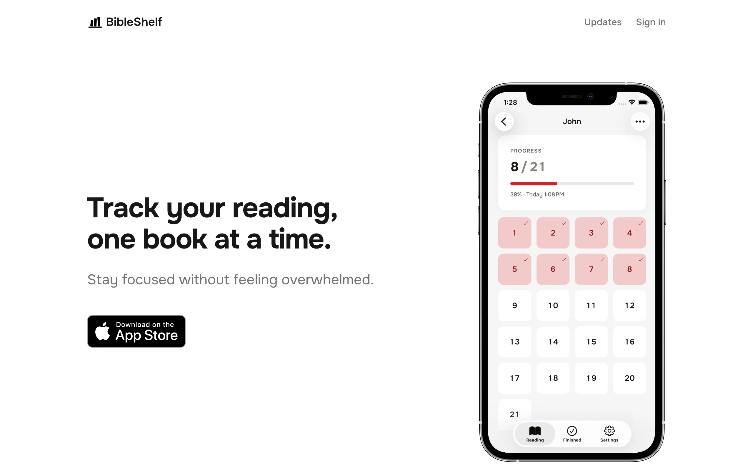 Screenshot of BibleShelf | Track your reading, one book at a time.