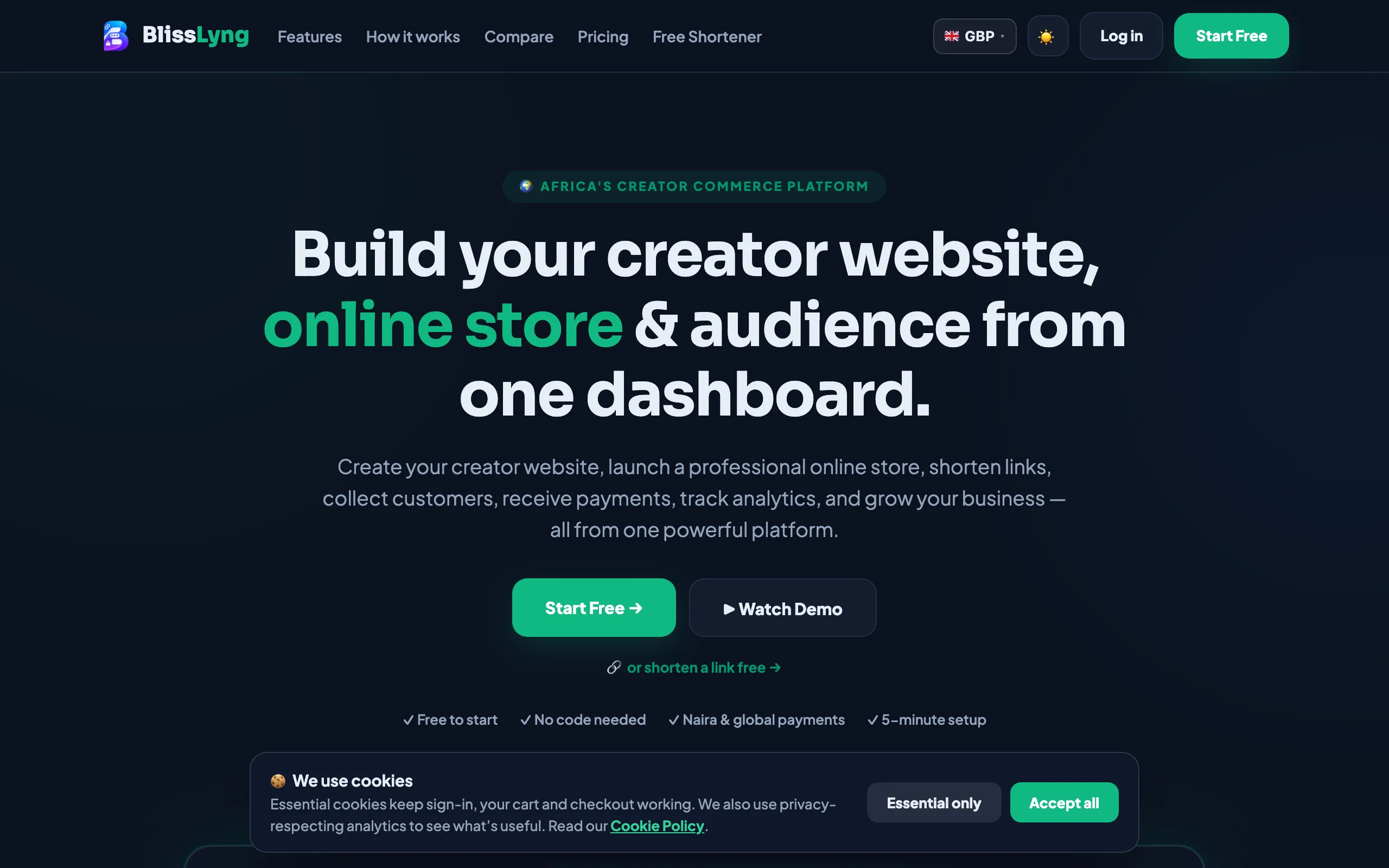 Screenshot of BlissLyng – Bio Pages, Online Stores, Smart Links &amp; Creator Commerce Platform