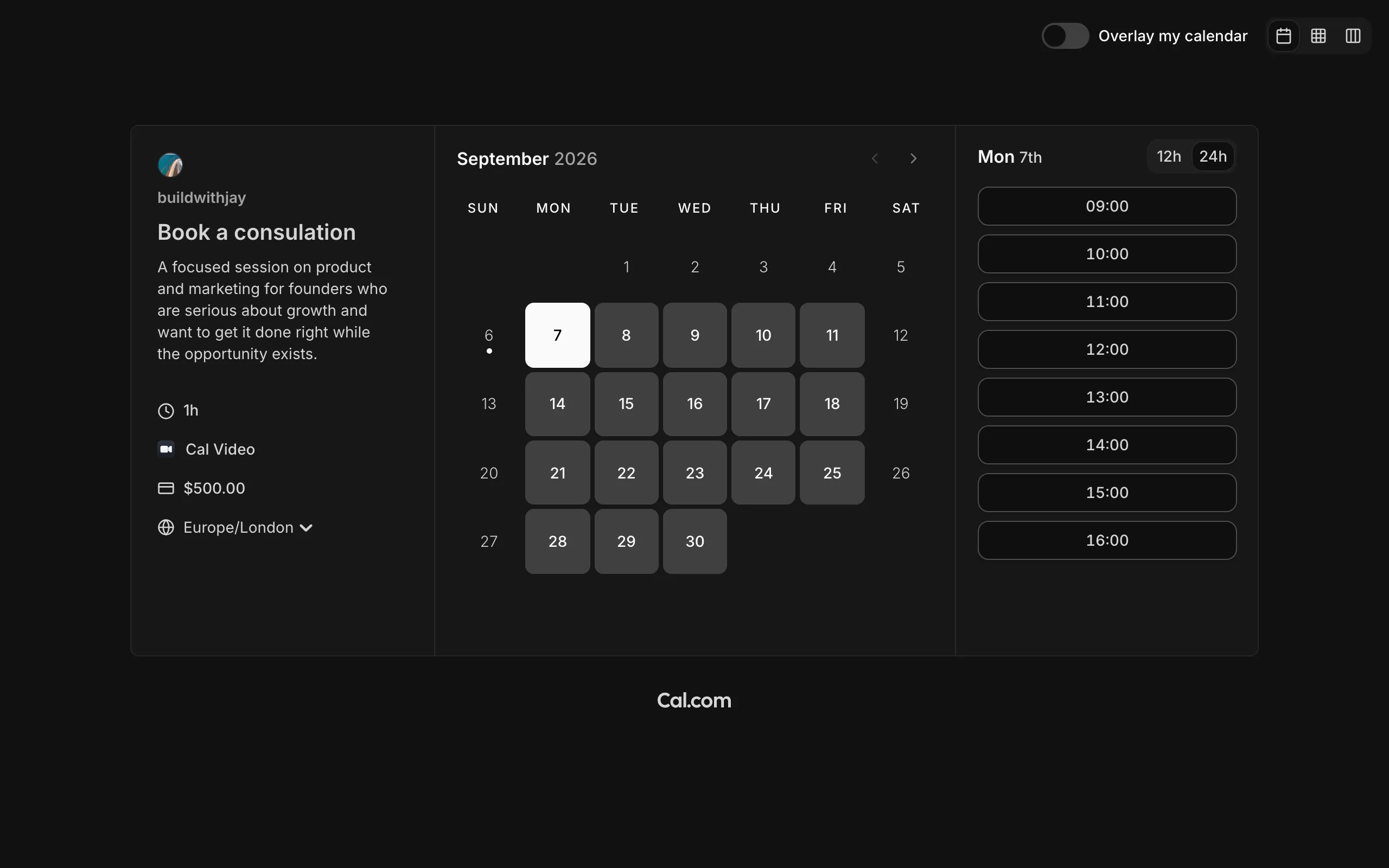 Screenshot of Book a consulation | buildwithjay | Cal.eu