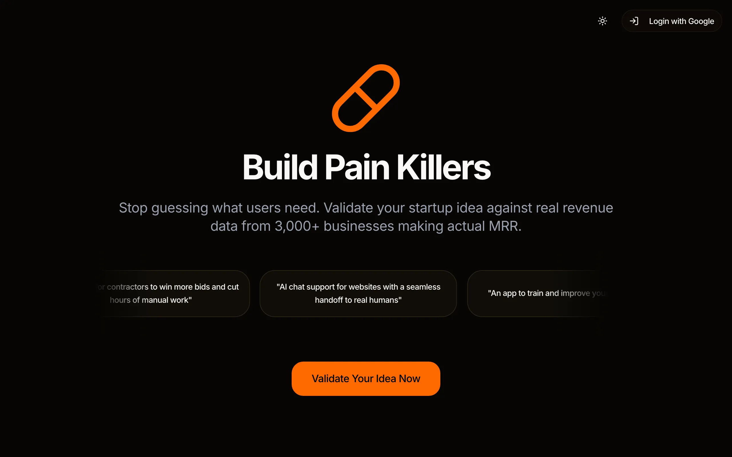 Screenshot of Build Pain Killers - Validate your startup idea against real revenue data.