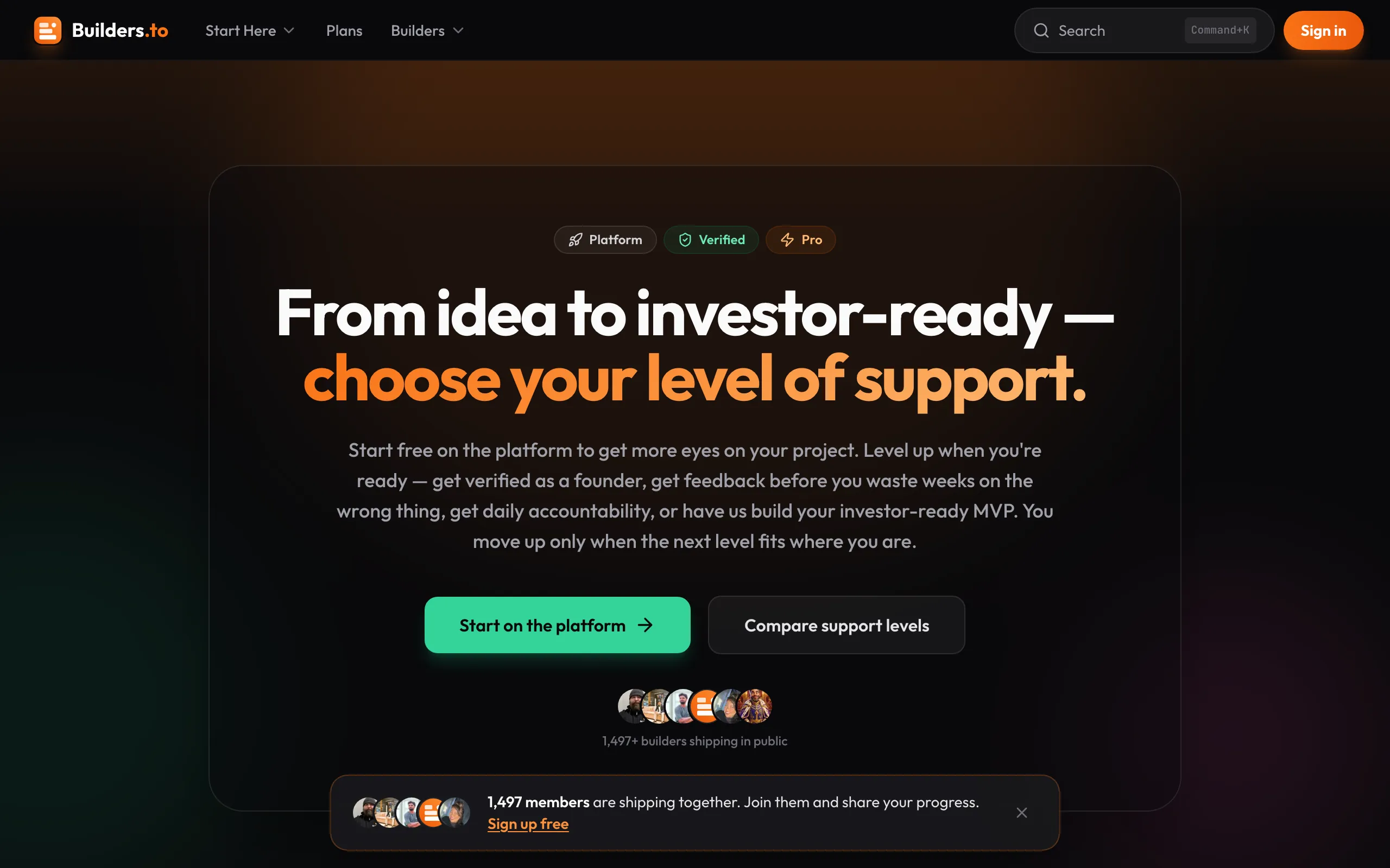 Screenshot of Builders.to — From idea to investor-ready MVP. Choose your level of support.