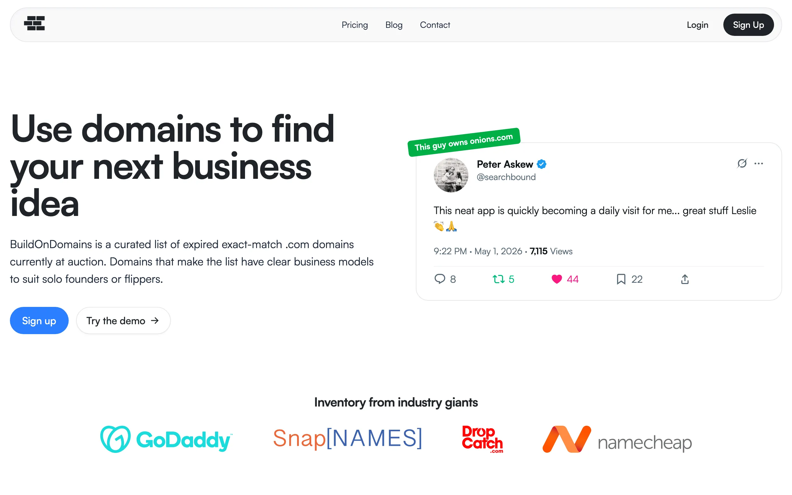 Screenshot of BuildOnDomains — Expiring Domains with Built-in Business Ideas