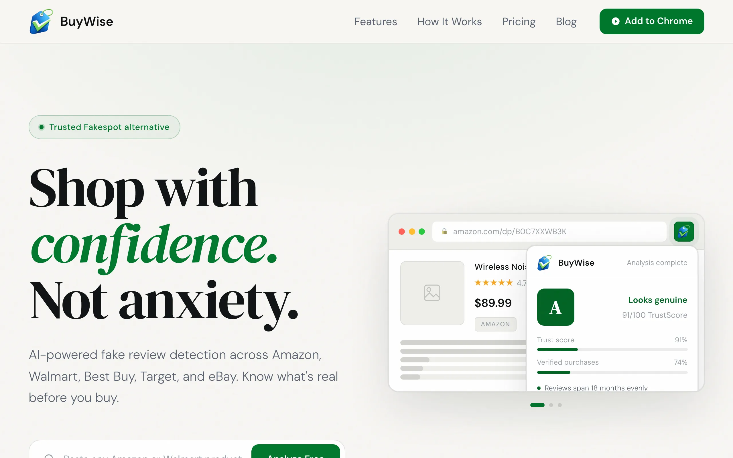 Screenshot of BuyWise — AI Fake Review Checker &amp; Price Comparison