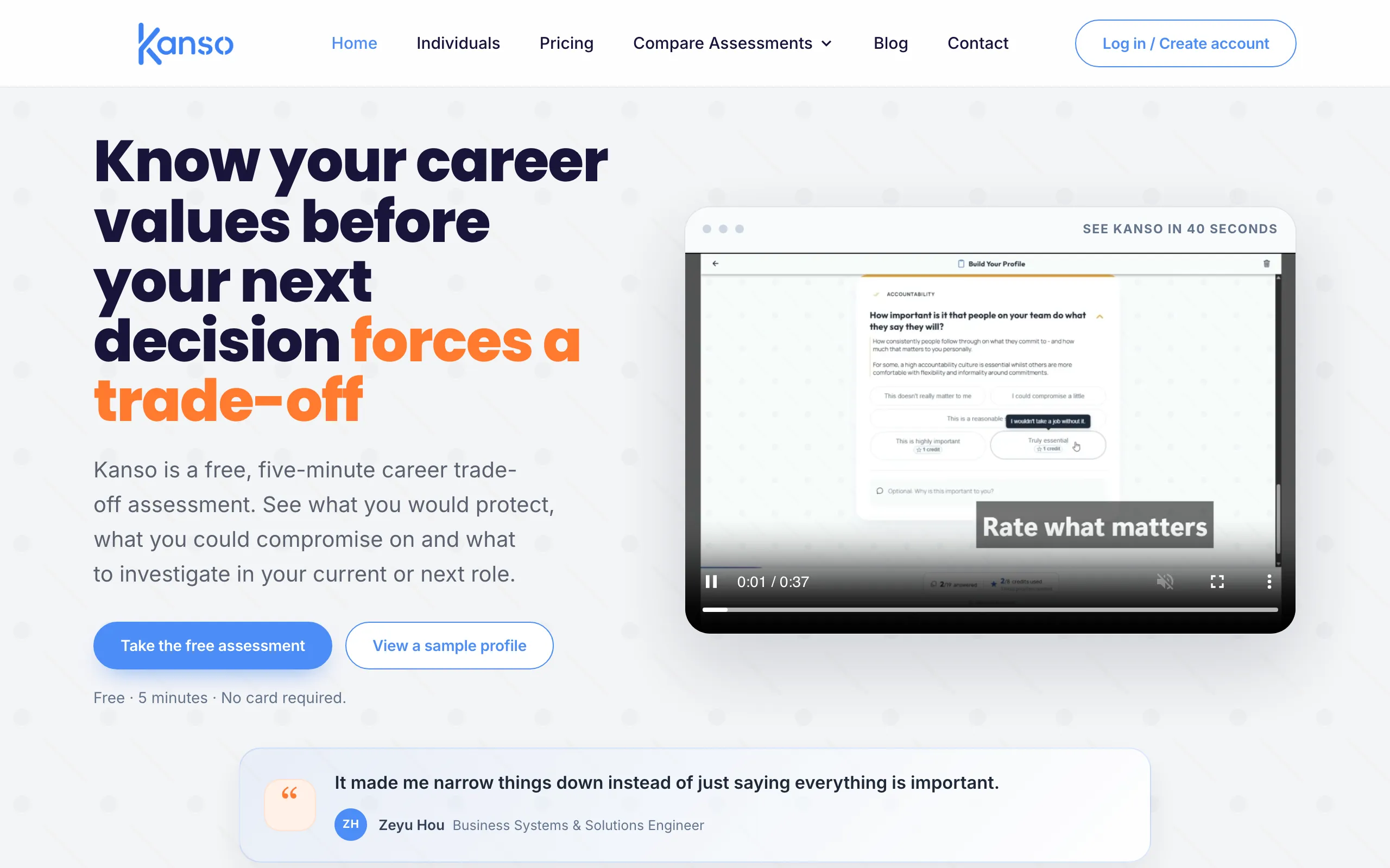 Screenshot of Career Values Test - Know Your Trade-Offs | Kanso