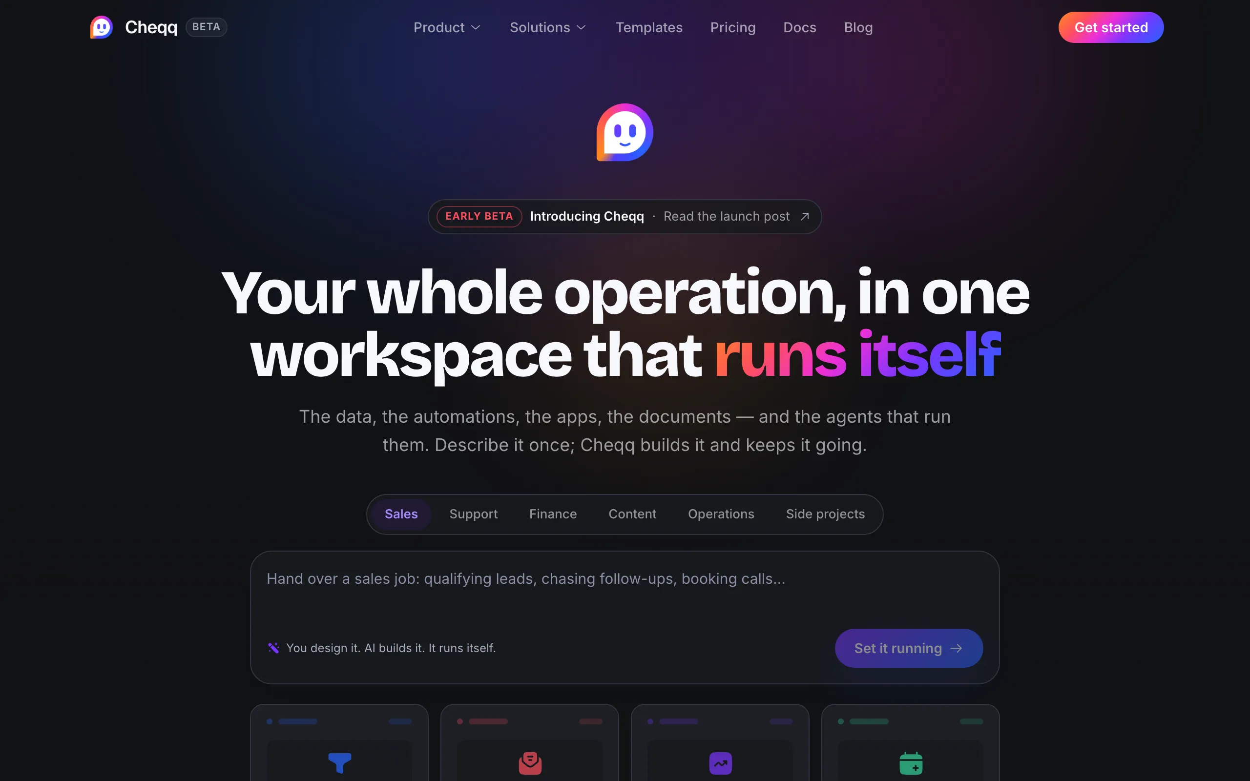 Screenshot of Cheqq — The AI workspace that runs your operations