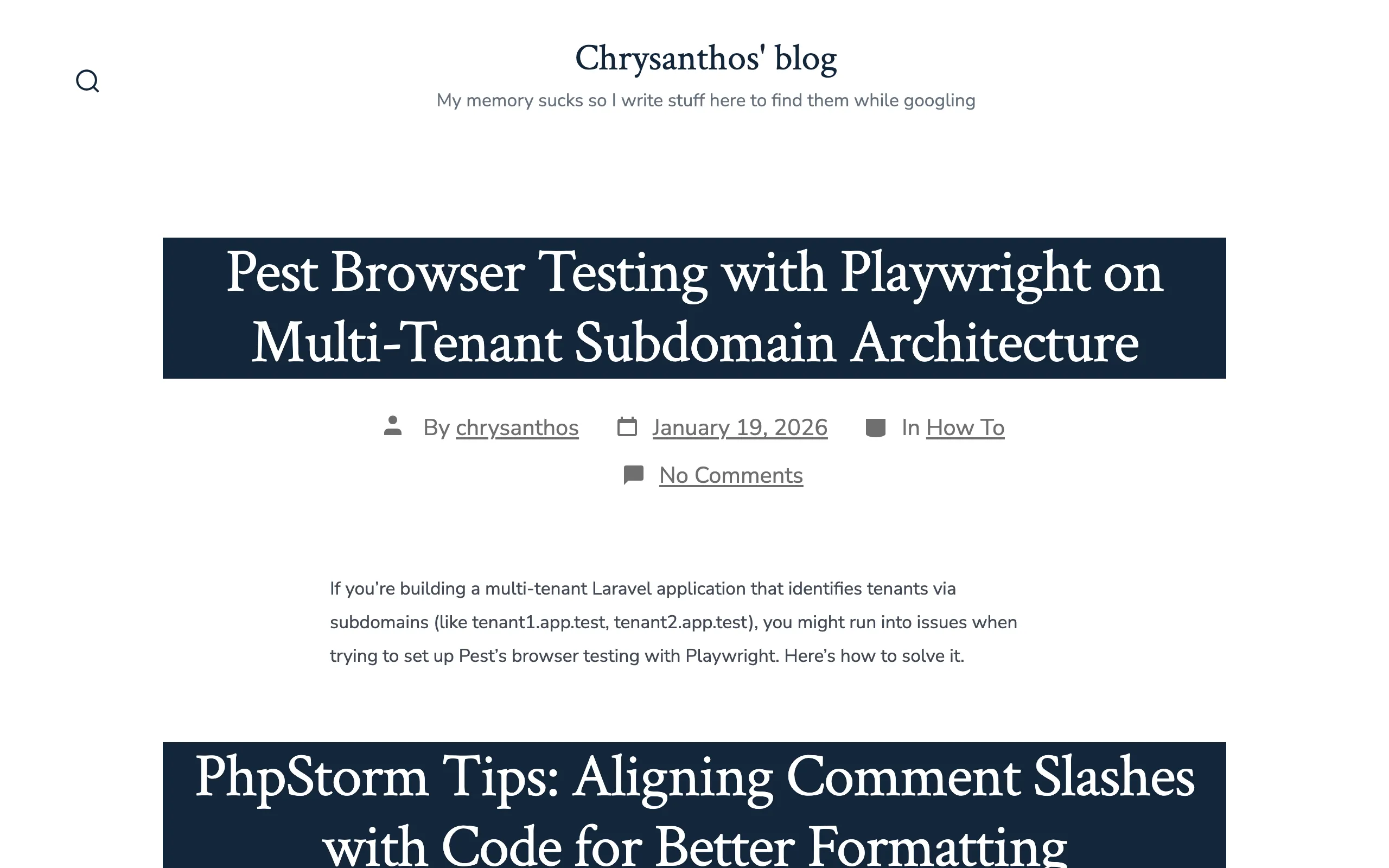 Screenshot of Chrysanthos' blog – My memory sucks so I write stuff here to find them while googling