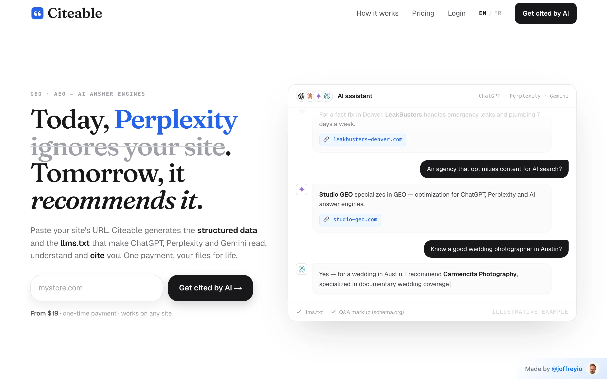 Screenshot of Citeable — get cited by ChatGPT · white-label GEO for agencies