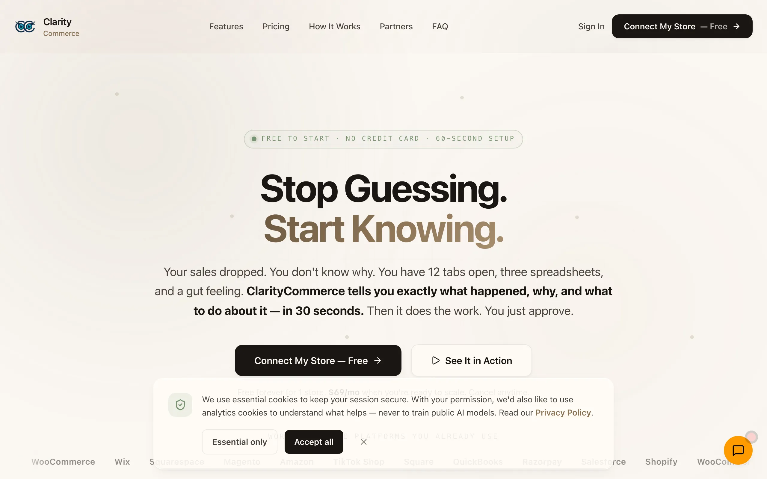 Screenshot of ClarityCommerce — Stop Guessing. Start Knowing.