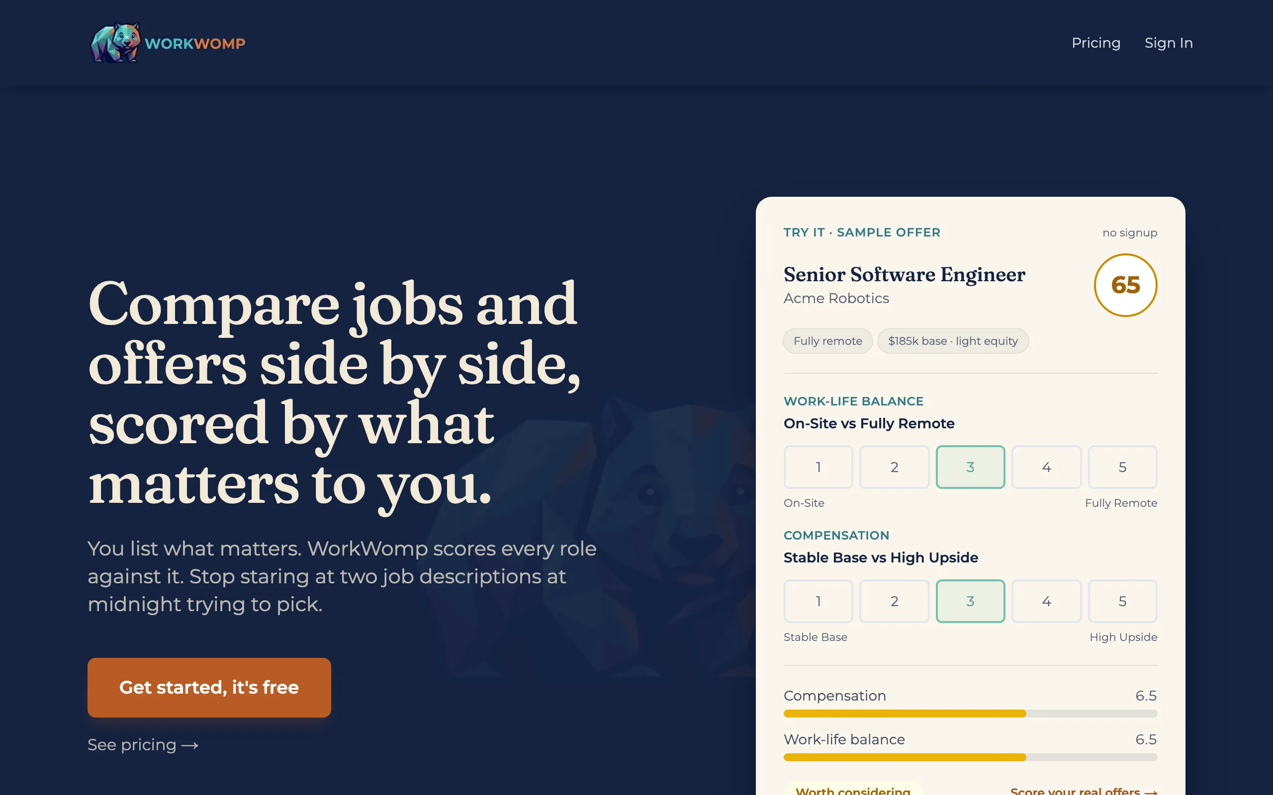Screenshot of Compare Jobs and Offers by What Matters | WorkWomp