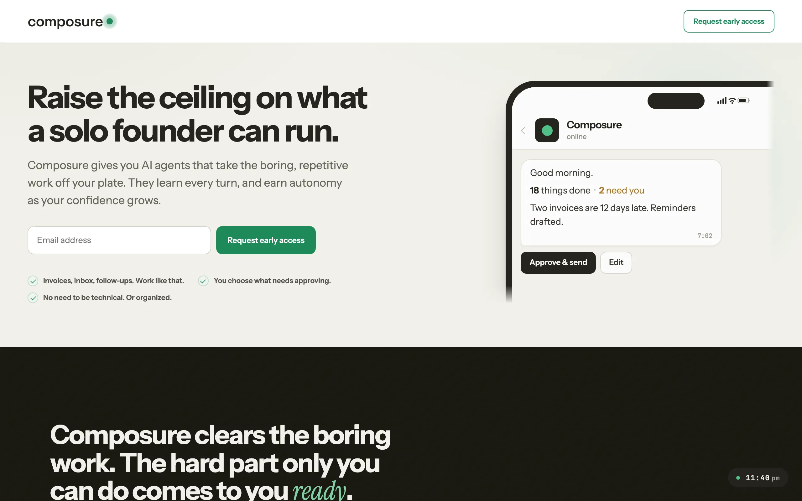 Screenshot of Composure · AI agents for solo founders