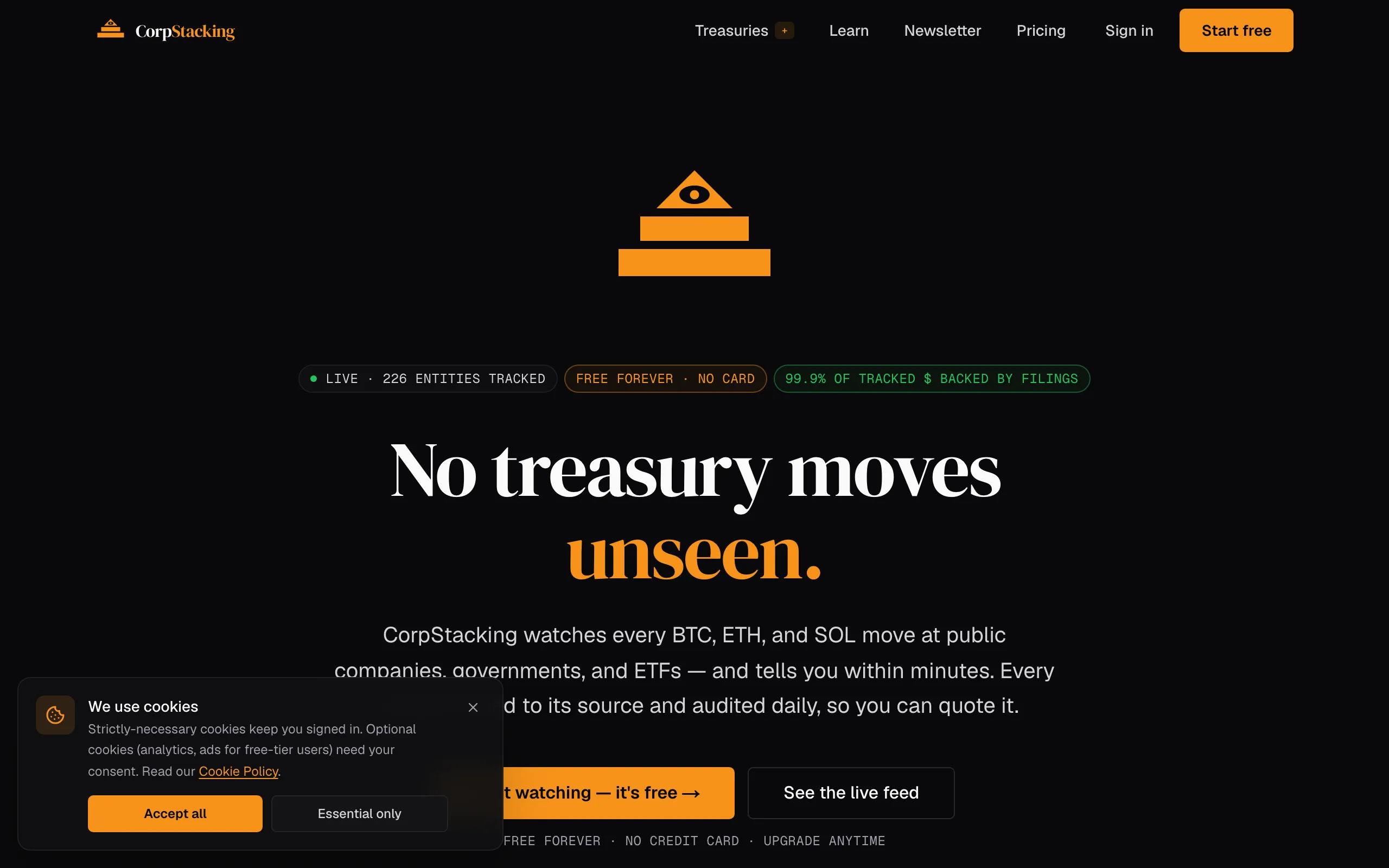 Screenshot of CorpStacking — Corporate BTC, ETH &amp; SOL Treasury Tracker