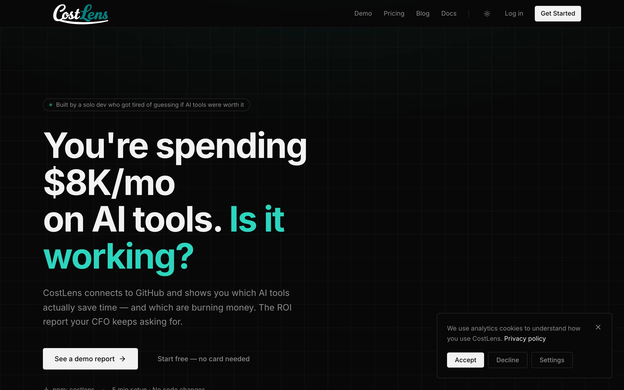 Screenshot of CostLens - Prove AI ROI for Engineering Teams