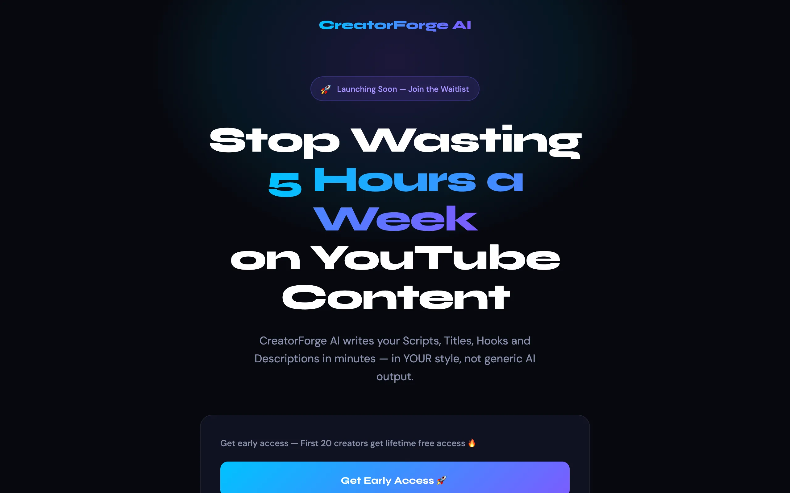 Screenshot of CreatorForge AI — AI Content Engine for YouTube Creators