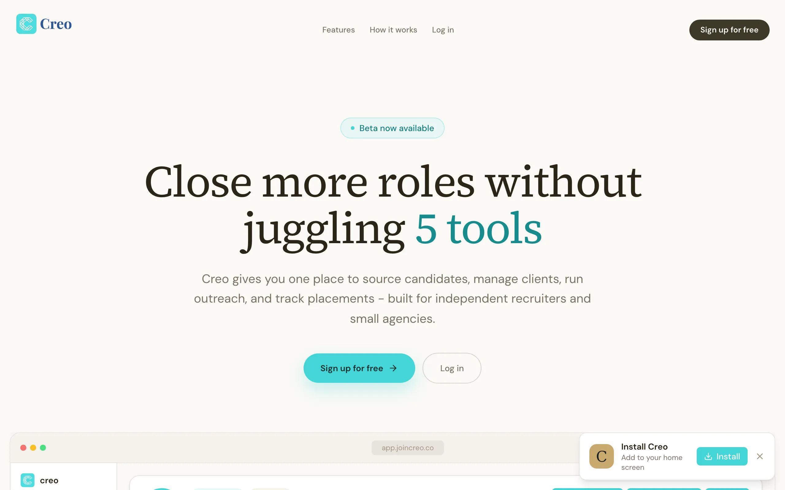 Screenshot of Creo — The recruiting platform that runs your whole business