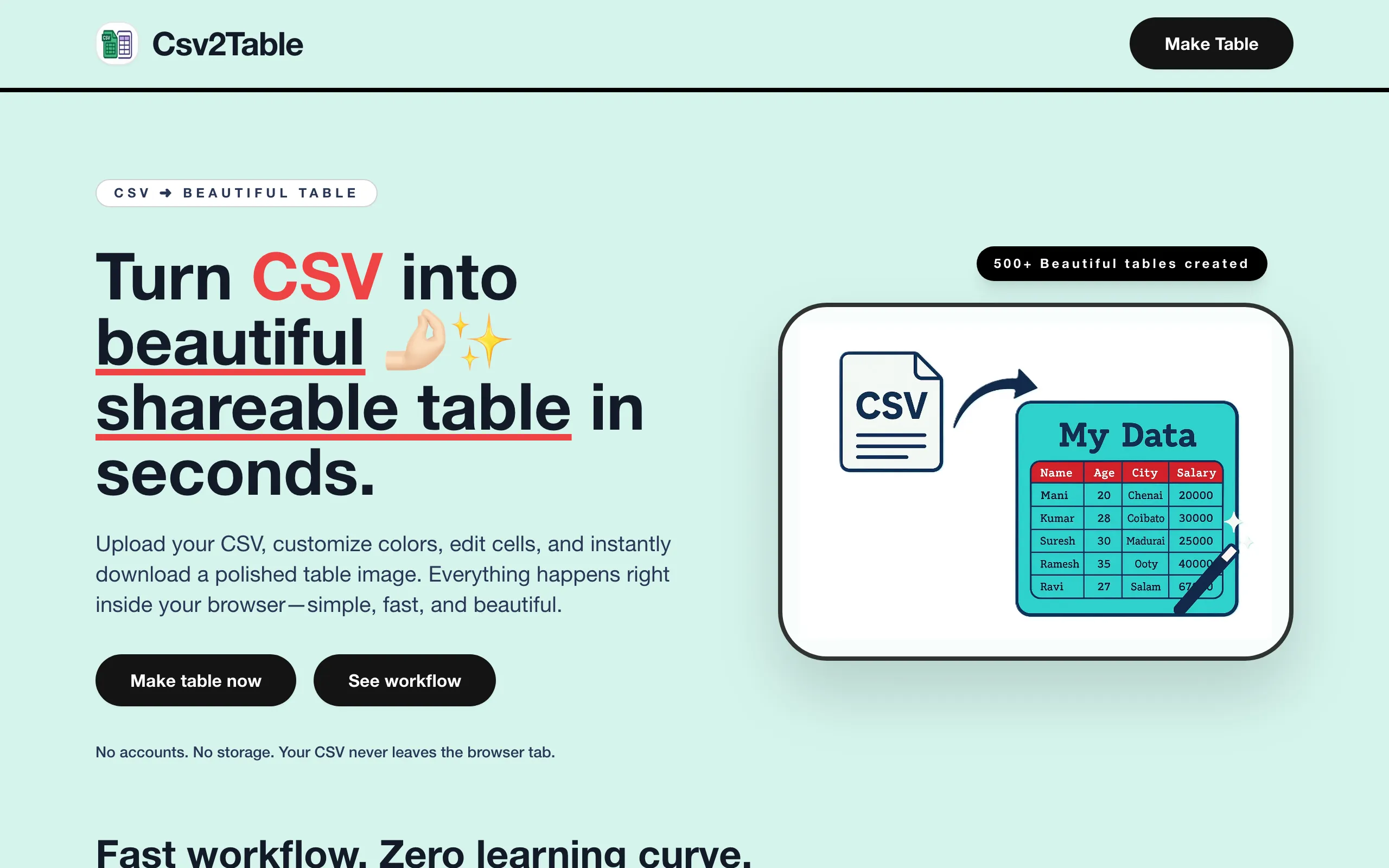 Screenshot of Csv2Table — turn boring CSVs into beautiful tables